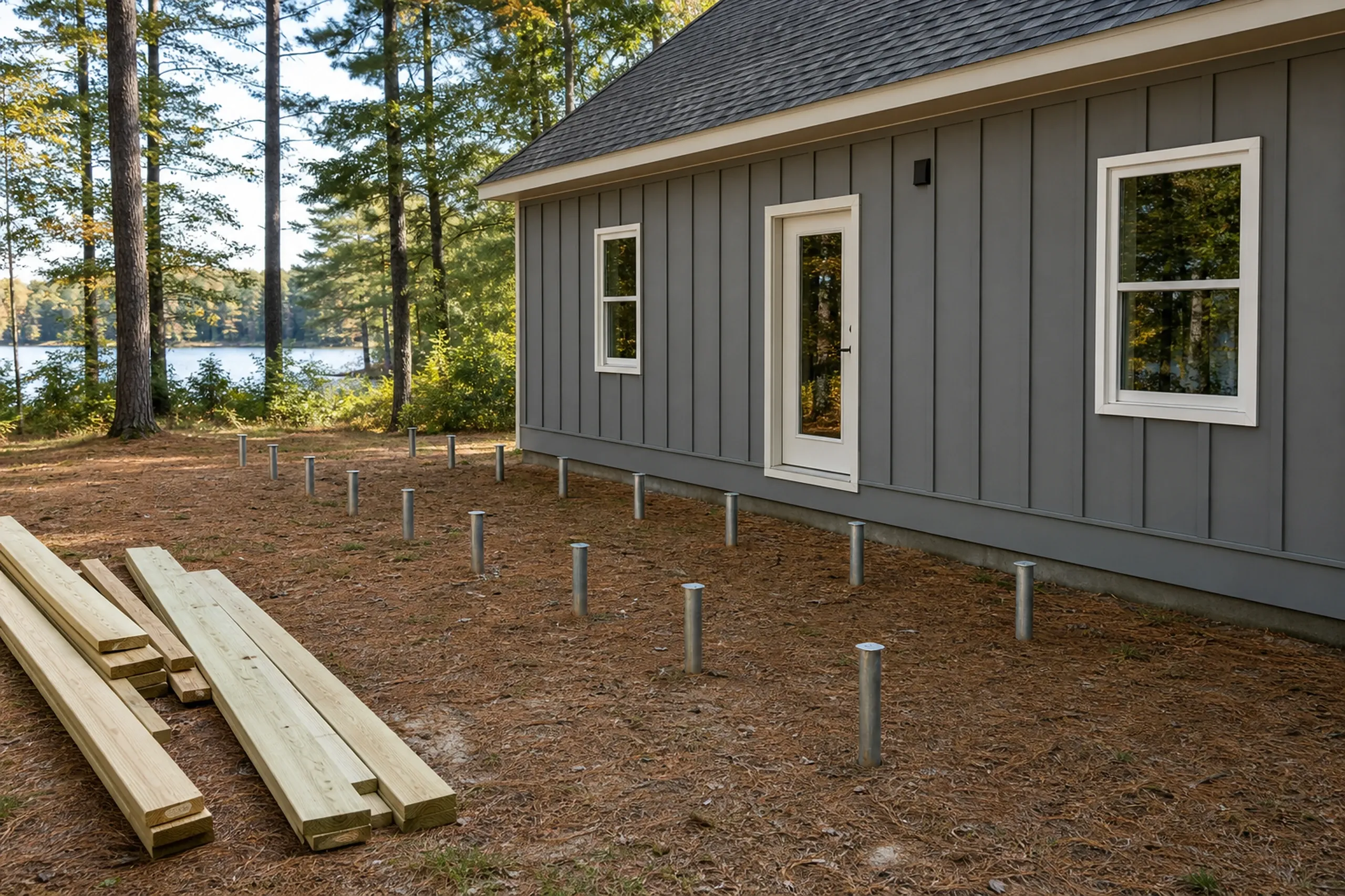 Gray house with white trim has metal posts set in the ground for a deck; wood planks lie nearby, no people visible.