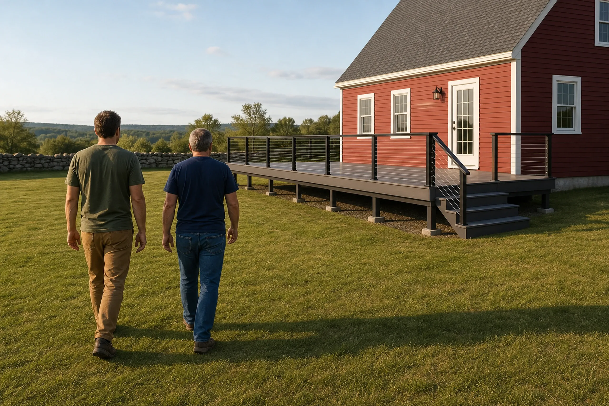 Two men walk on grass toward a raised gray deck with cable railing attached to a red house with white trim and a gray roof.