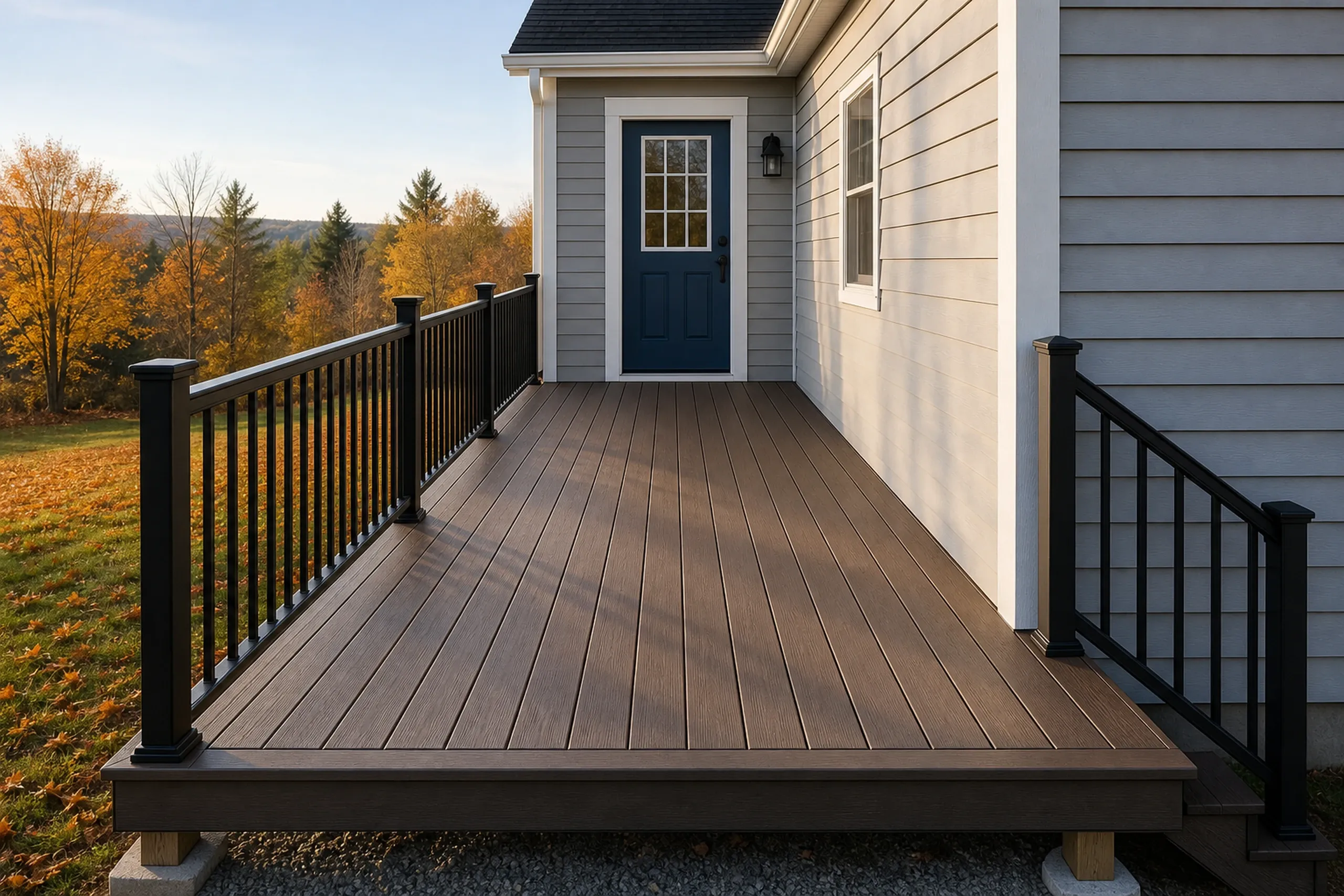 A brown wood deck with black metal railing leads to a gray house with a blue door and one window, no people visible.