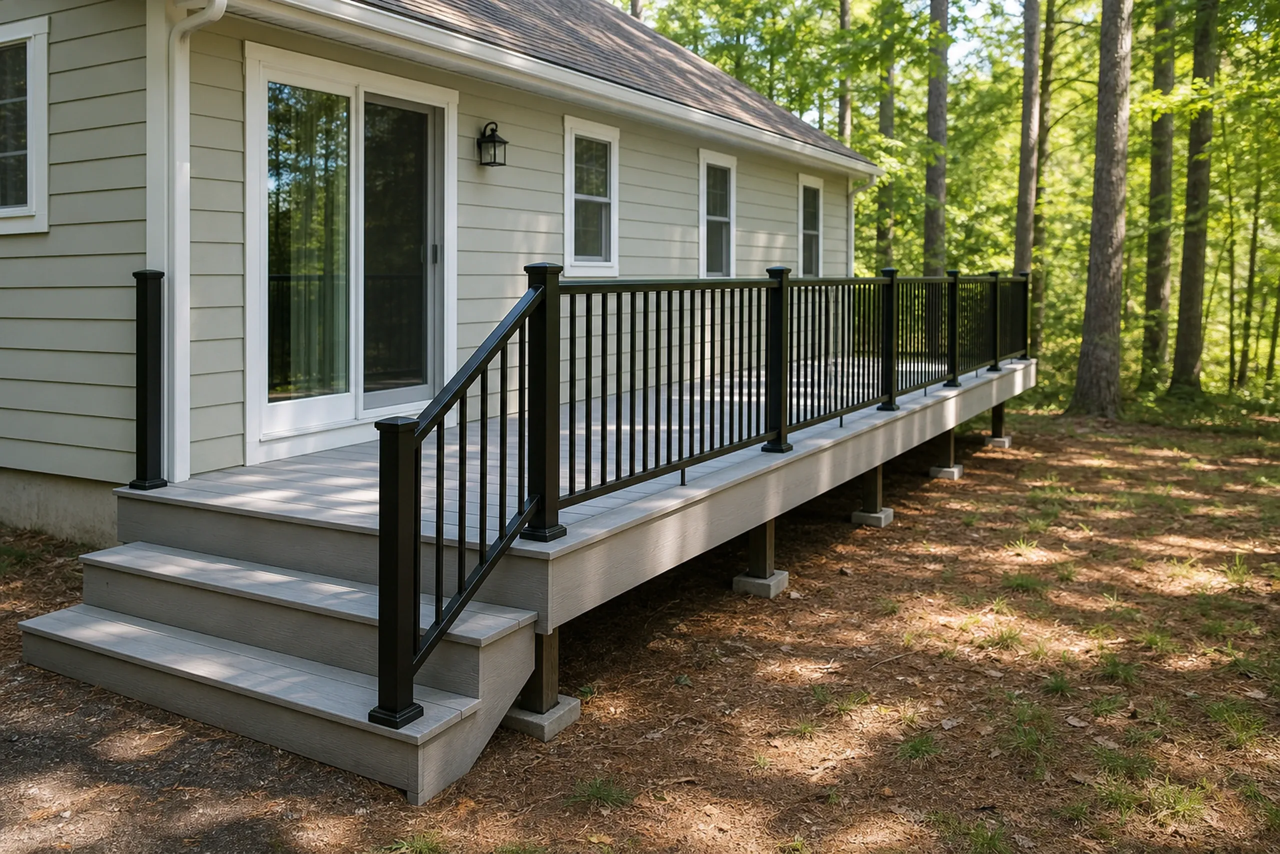 Raised gray wooden deck with black metal railing attached to beige house with three windows and a sliding glass door.