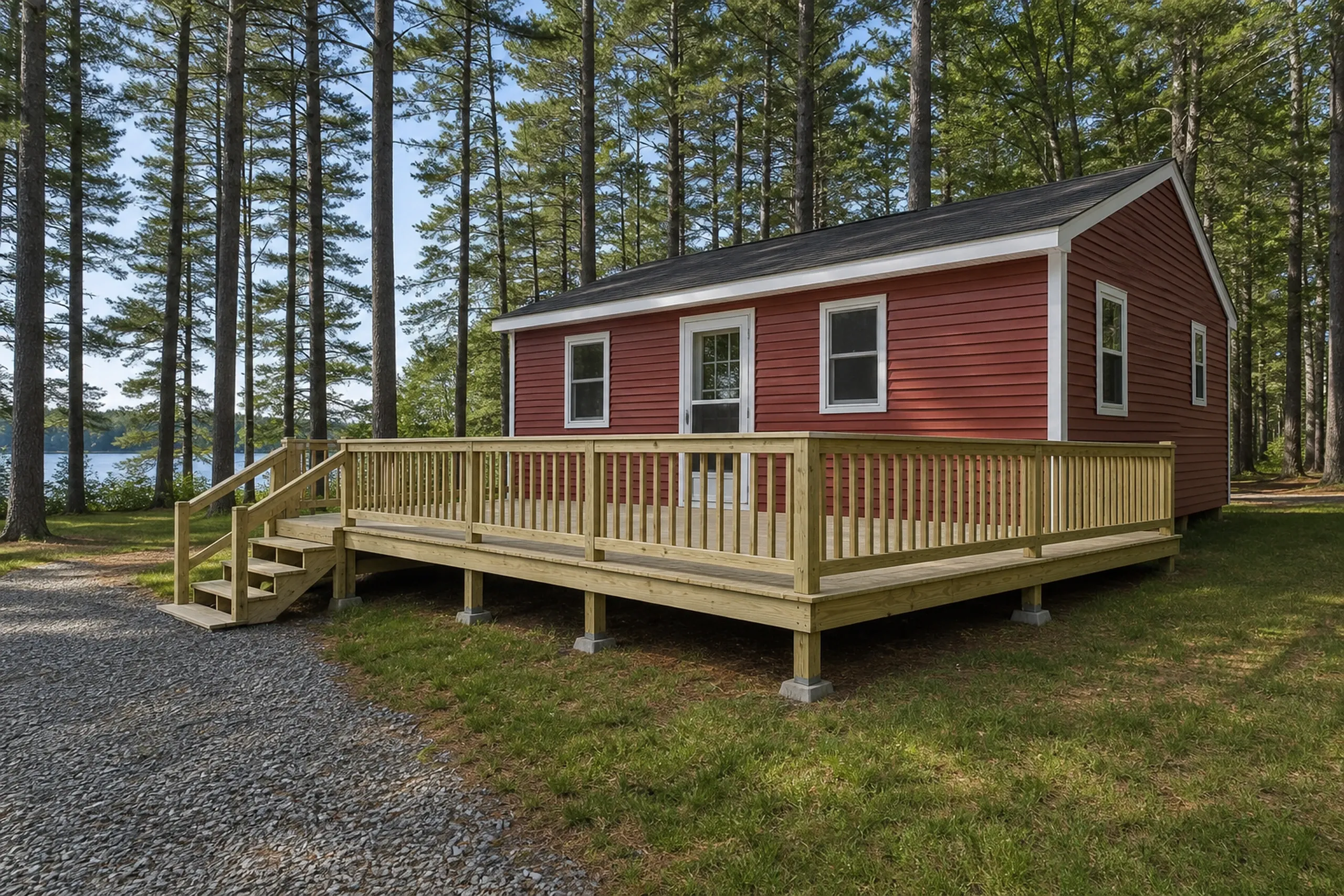 A red house with three windows and a door features a light wood deck and railing with stairs, surrounded by grass and tall pine trees.