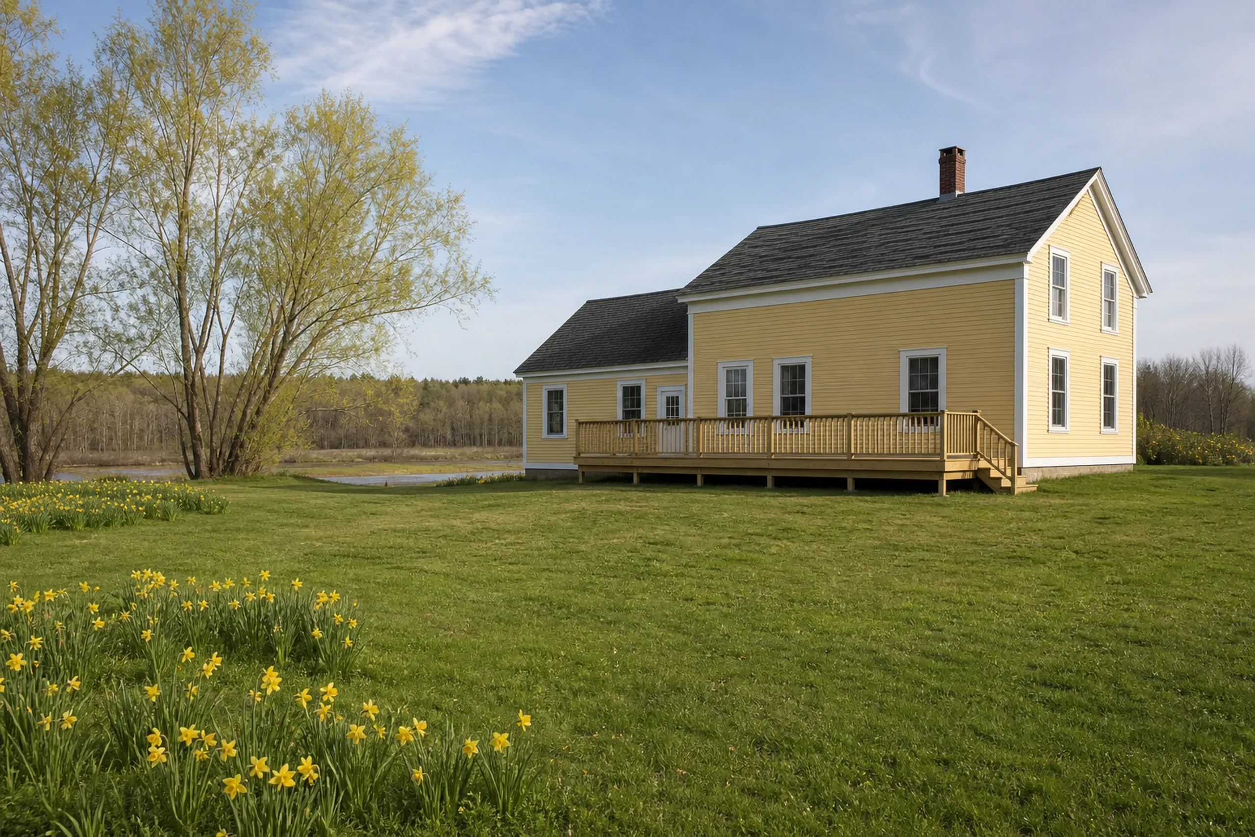 Yellow two-story house with a wooden deck and railing; no people present, surrounded by grass and daffodils near trees and water.