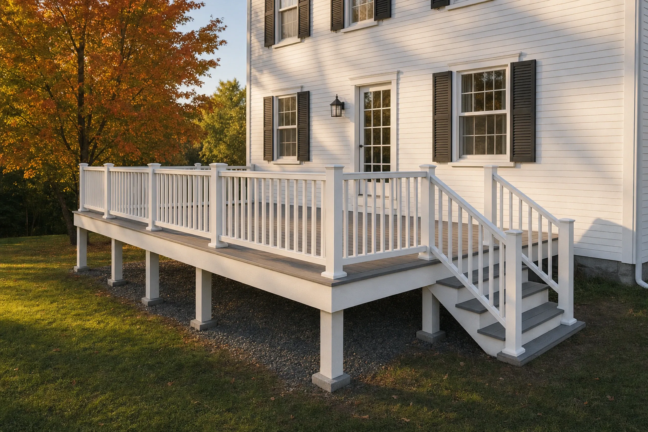Deck builders in oxford, me: Deck builders oxford ME: White wooden deck with railing and stairs attached to a white house with black shutters, no people visible.