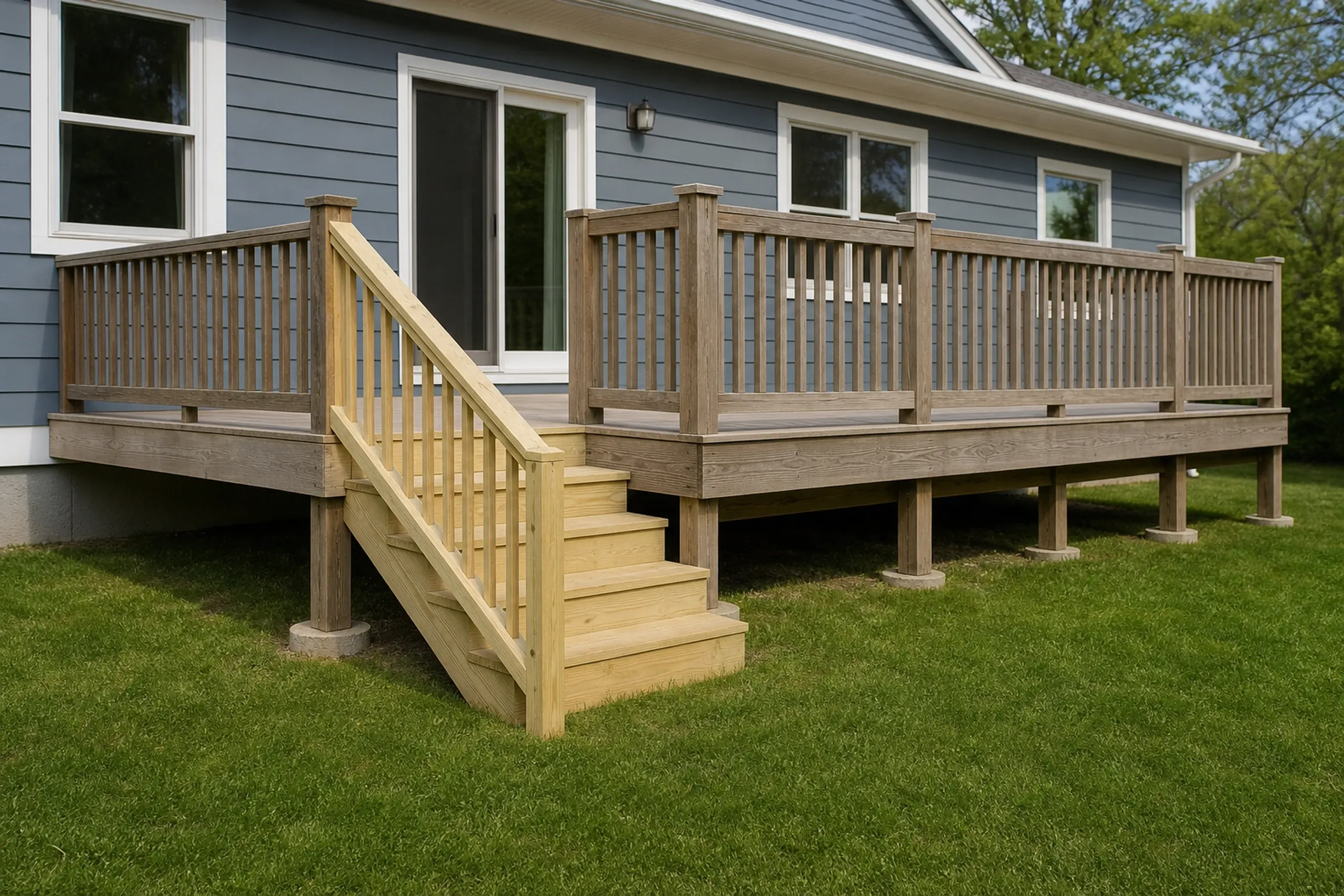 Wooden deck with matching railing attached to blue house, with a set of wooden stairs leading to grass below, no people visible.