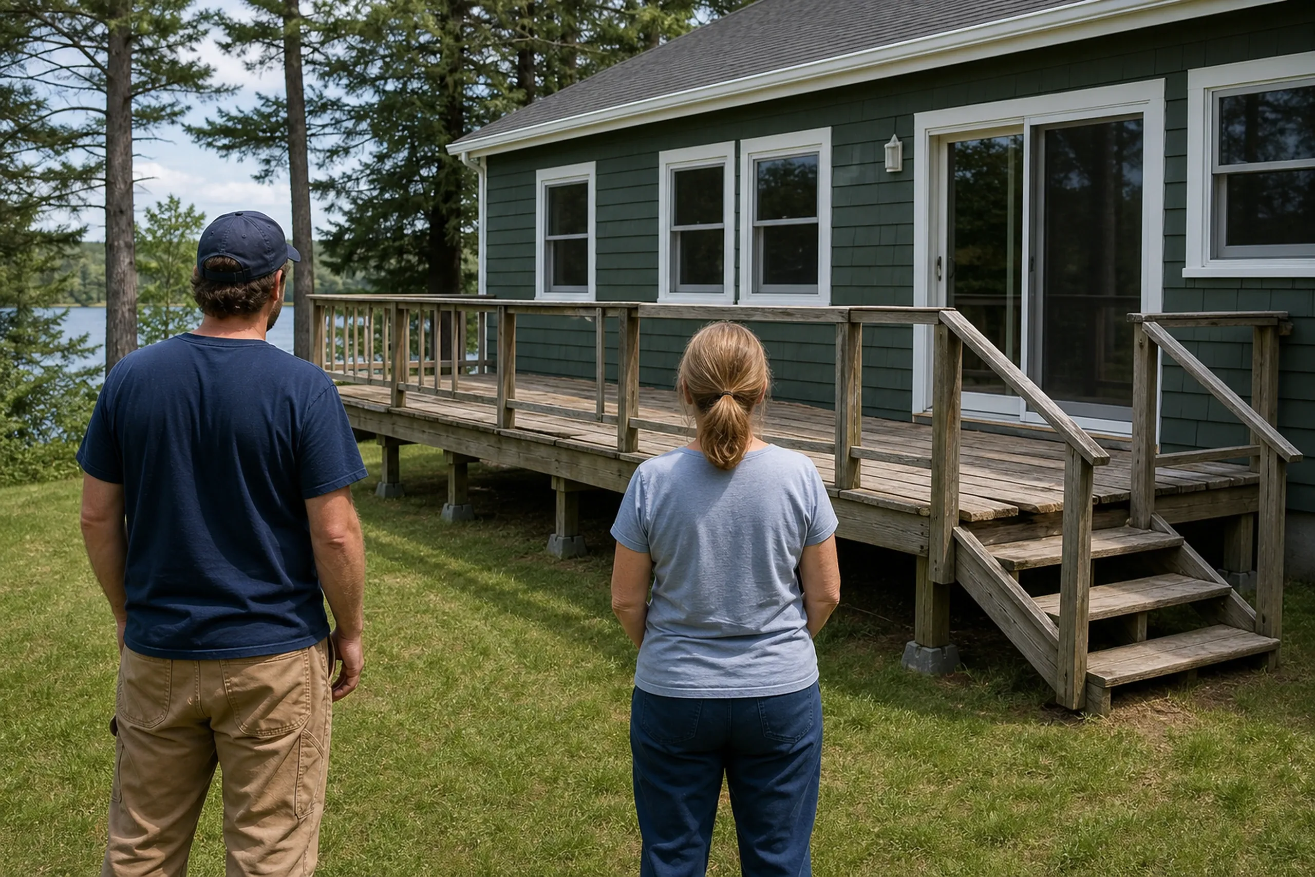 Two people stand on grass facing a green house with white trim and a wooden deck and railing with stairs.
