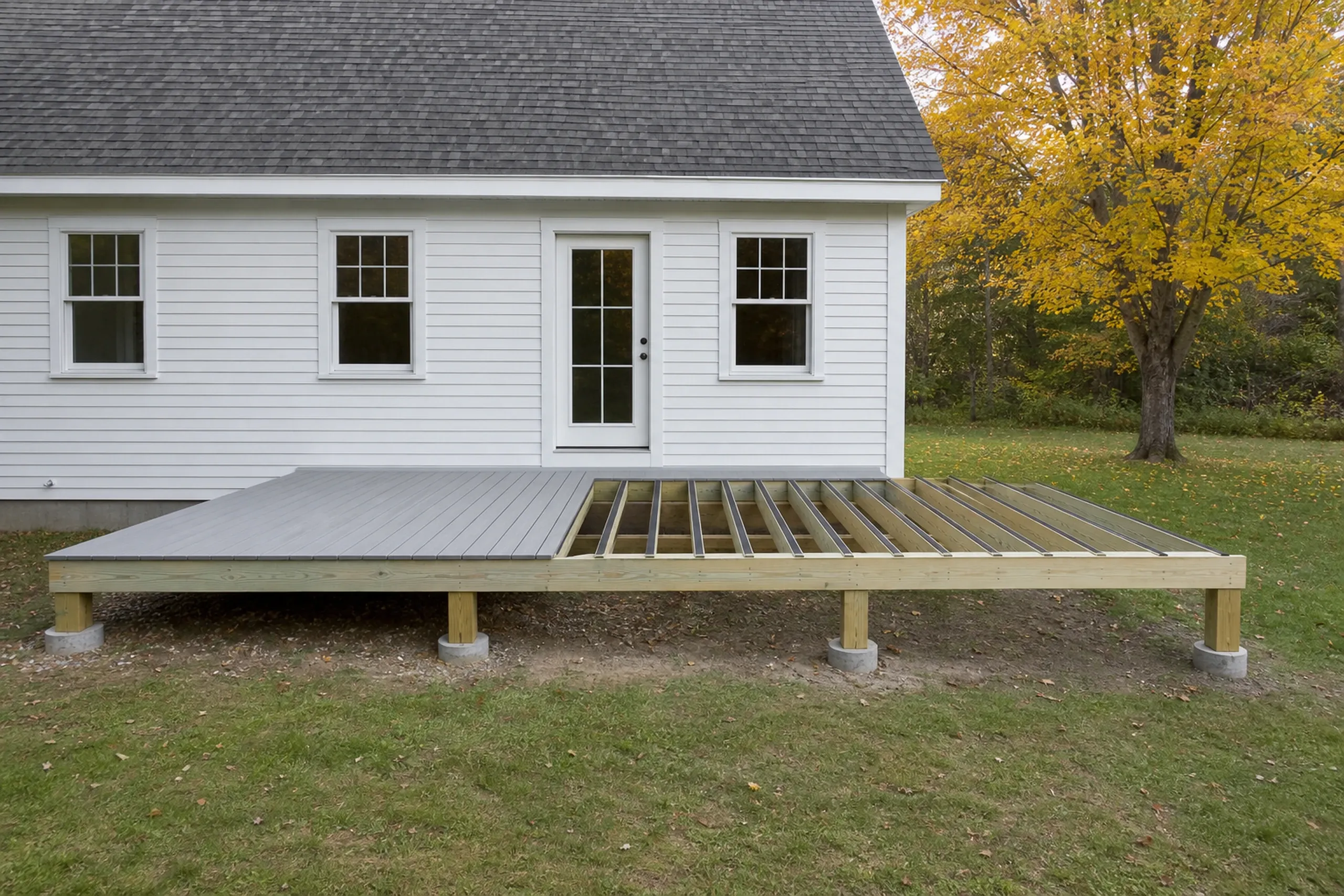 A partially built wooden deck with framing and gray boards next to a white house with three windows and a door; no people visible.