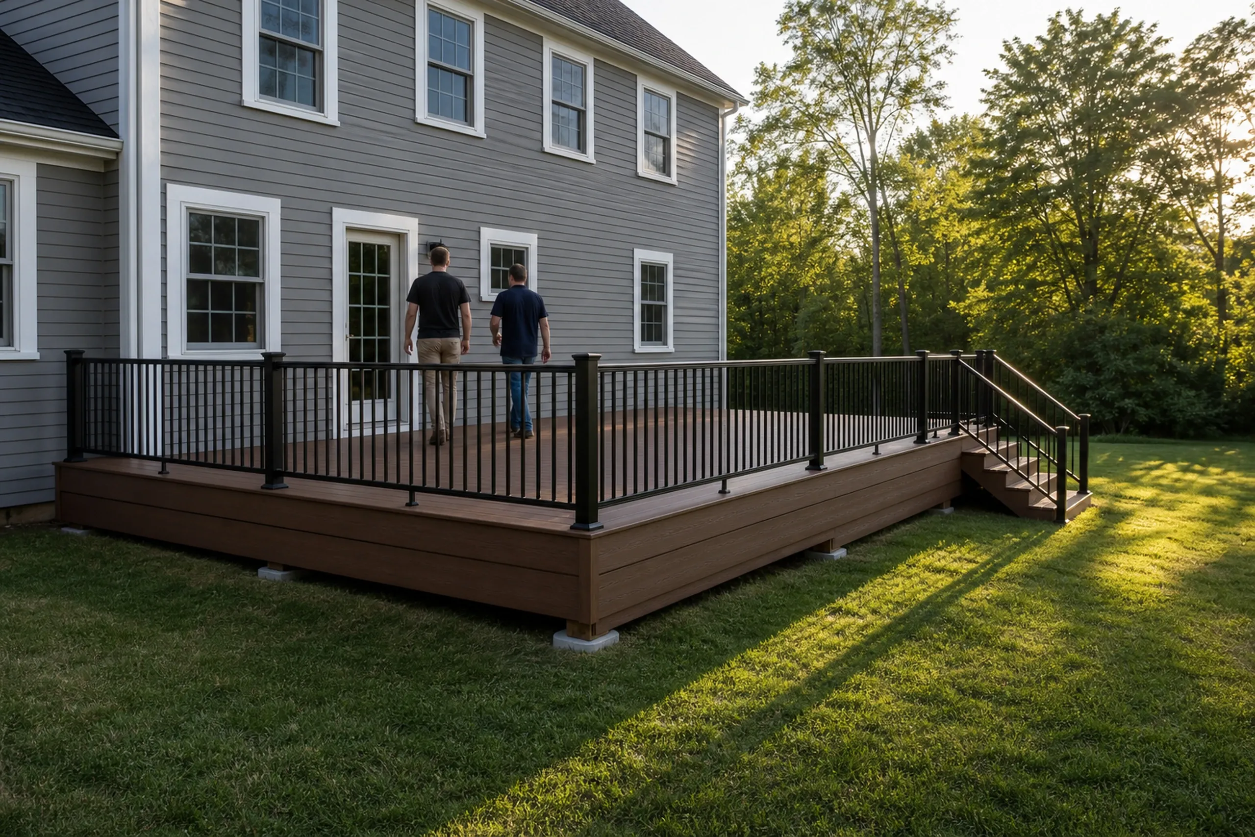 Two men walk on a brown wooden deck with black metal railing attached to a gray two-story house at sunset.