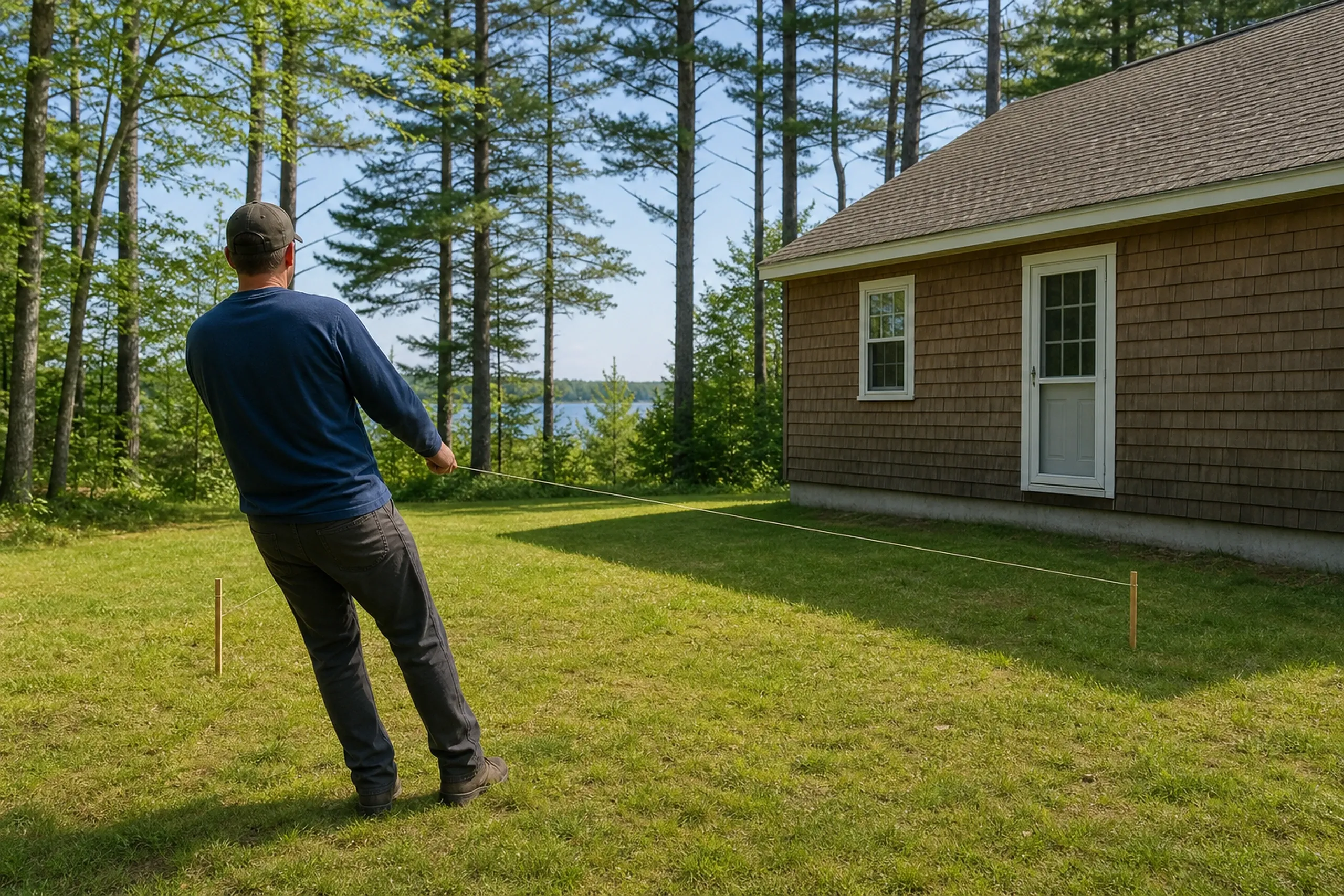 Man in a blue shirt measures yard with tape near brown shingle house with white door and windows, surrounded by tall pine trees.