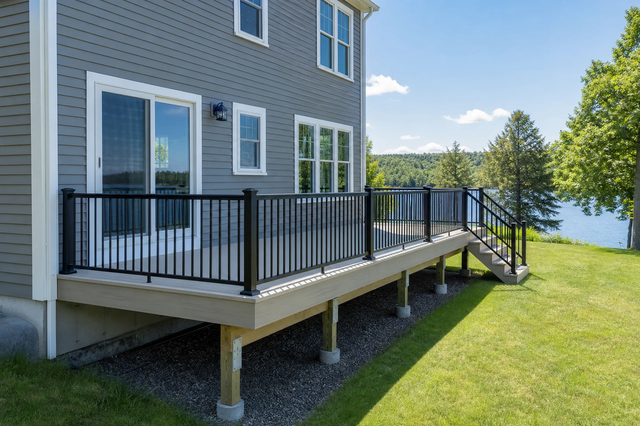 Gray two-story house with large windows, an elevated wooden deck with black metal railing, and a man and child sitting on the deck steps.
