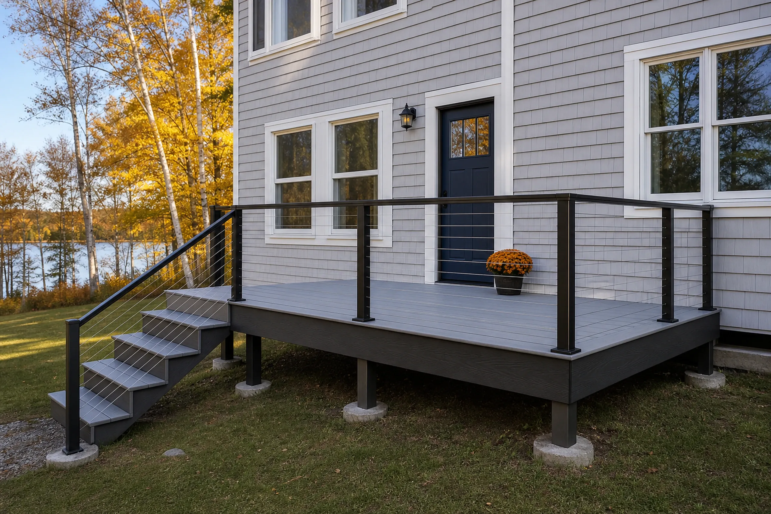 Elevated gray deck with black metal railing and stairs attached to a gray shingle house with white trim, a blue door, and no people visible.