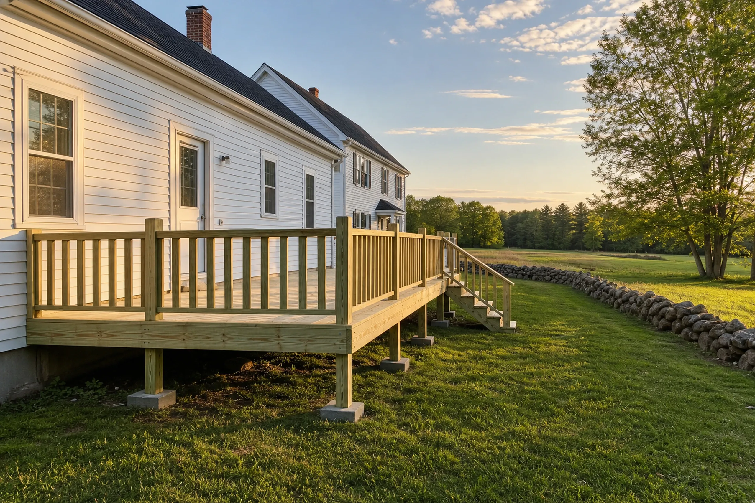 A wooden deck with railing and stairs is attached to a white house; no people are visible in the image.