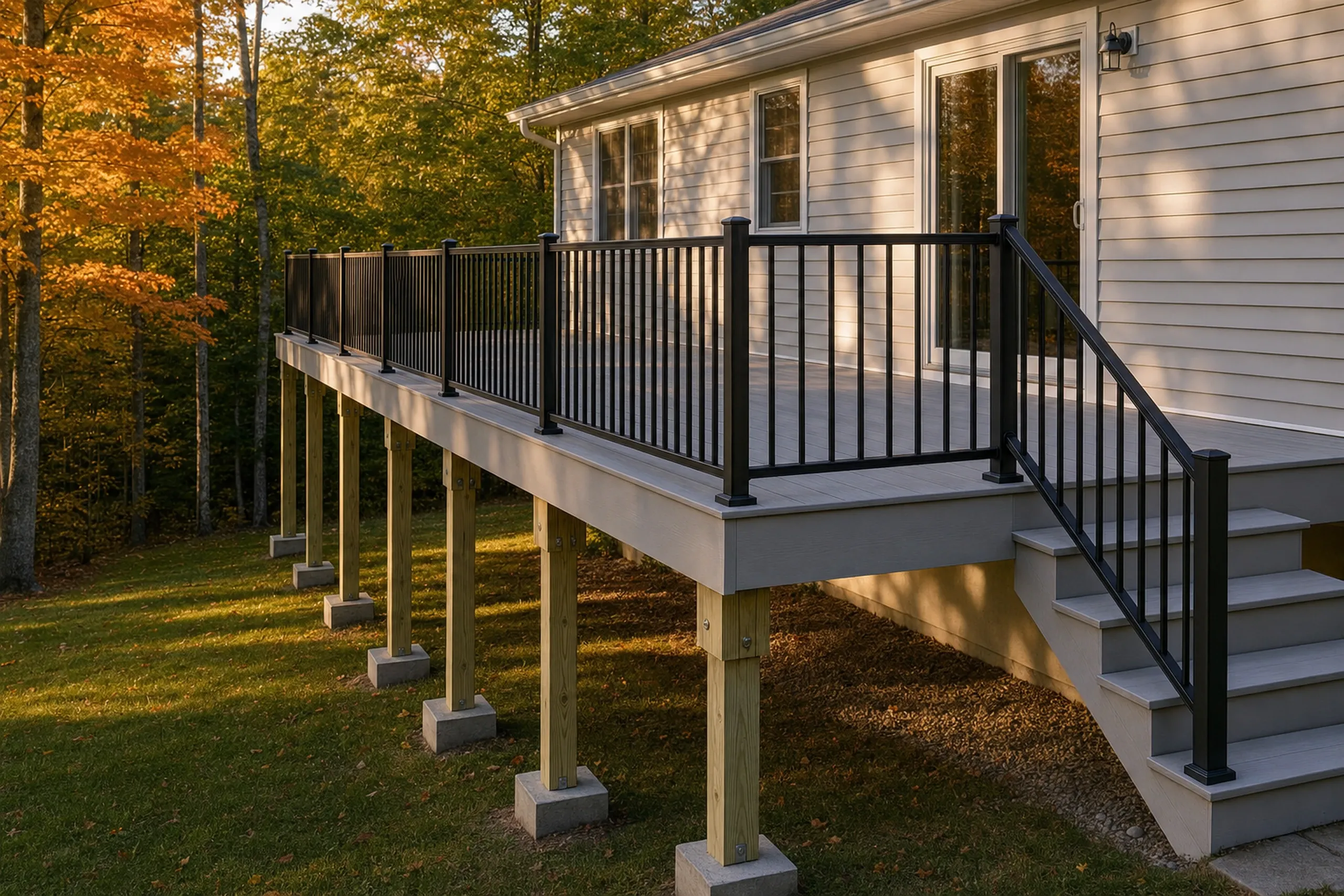 Deck builders in paris, me: Deck builders paris ME: Elevated light-colored deck with black metal railing attached to beige house with glass doors; no people visible.