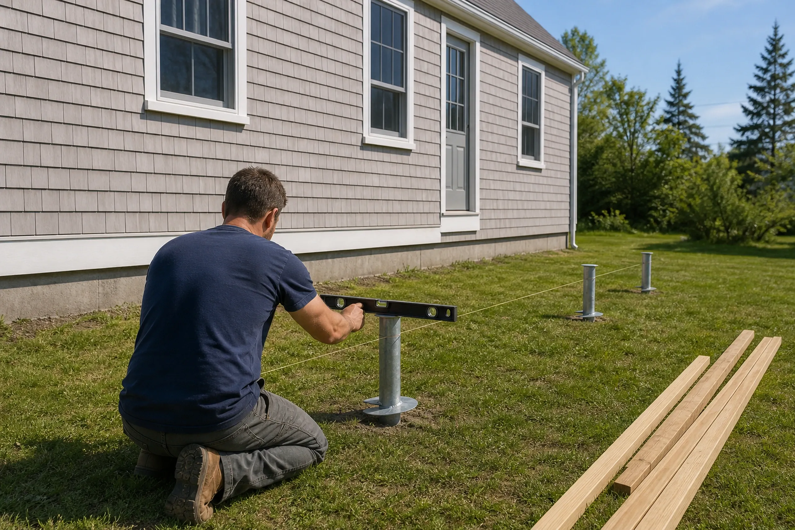 Man kneels on grass using a level on metal deck supports outside a beige house with white trim and three windows.
