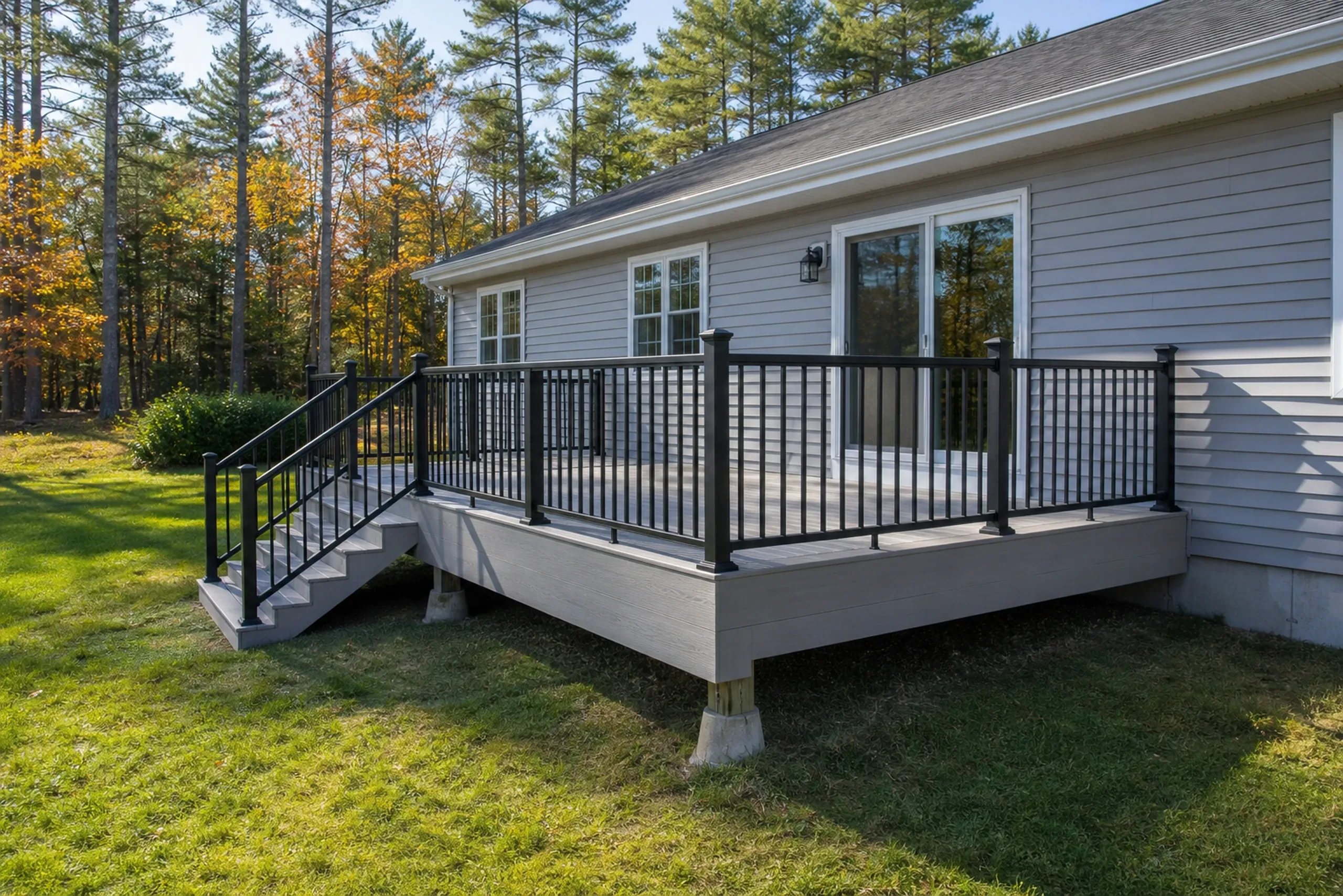 Wooden deck with black metal railing attached to gray single-story house, with two people visible inside through windows.
