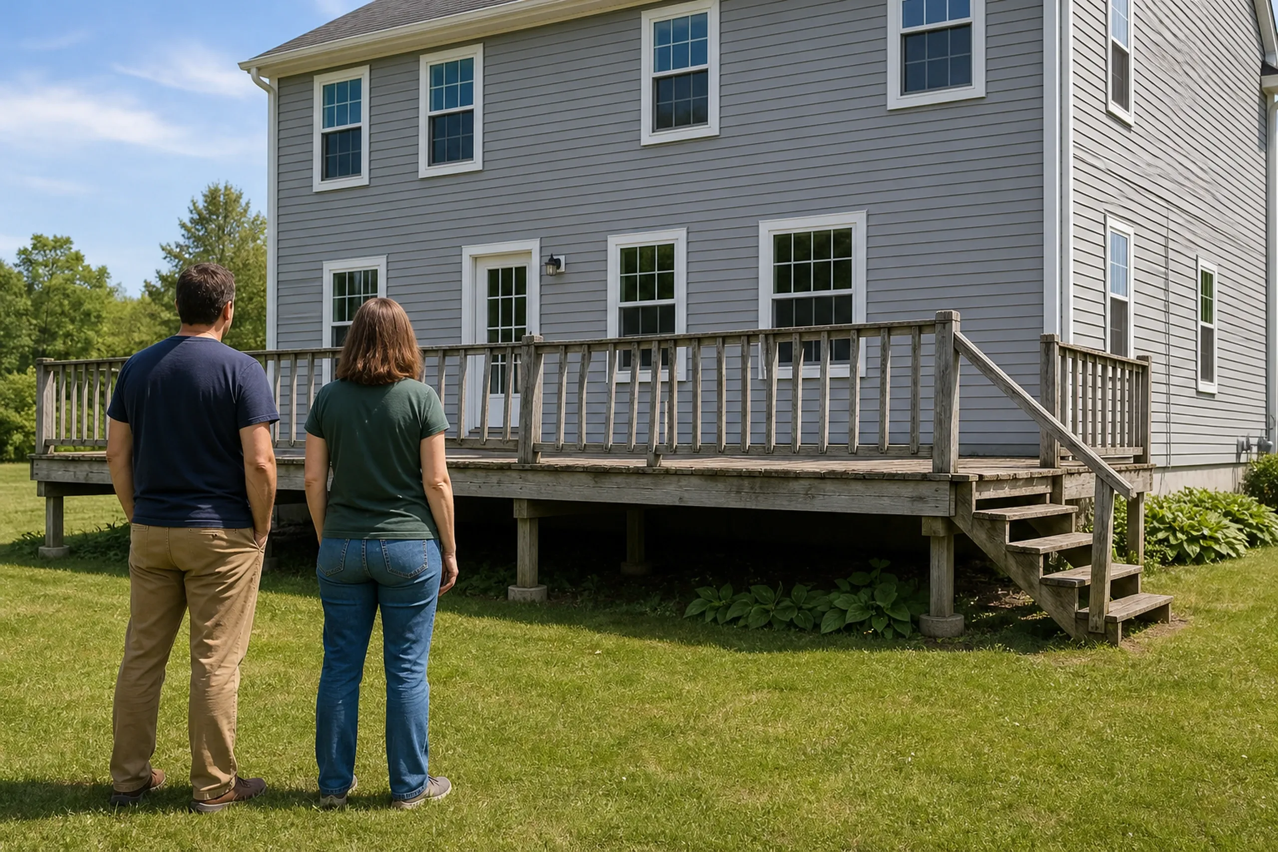 Man and woman stand on grass facing a gray two-story house with a wooden deck and railing with stairs on the right side.