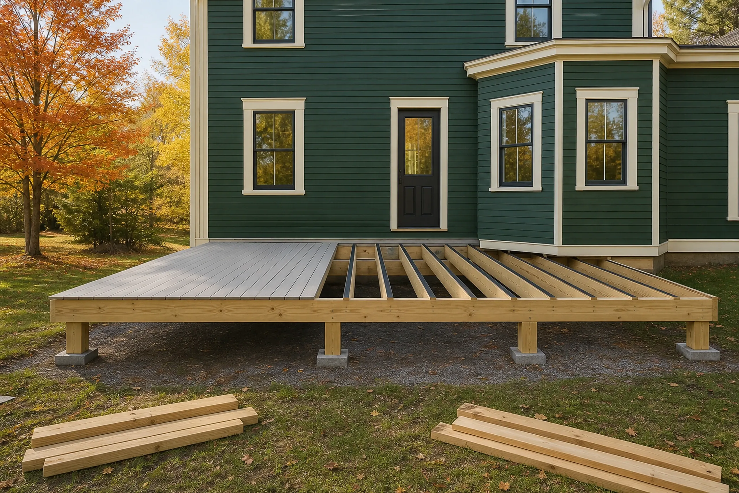 Partially built wooden deck with gray planks and no railing attached to green house with white trim and black door, no people visible.