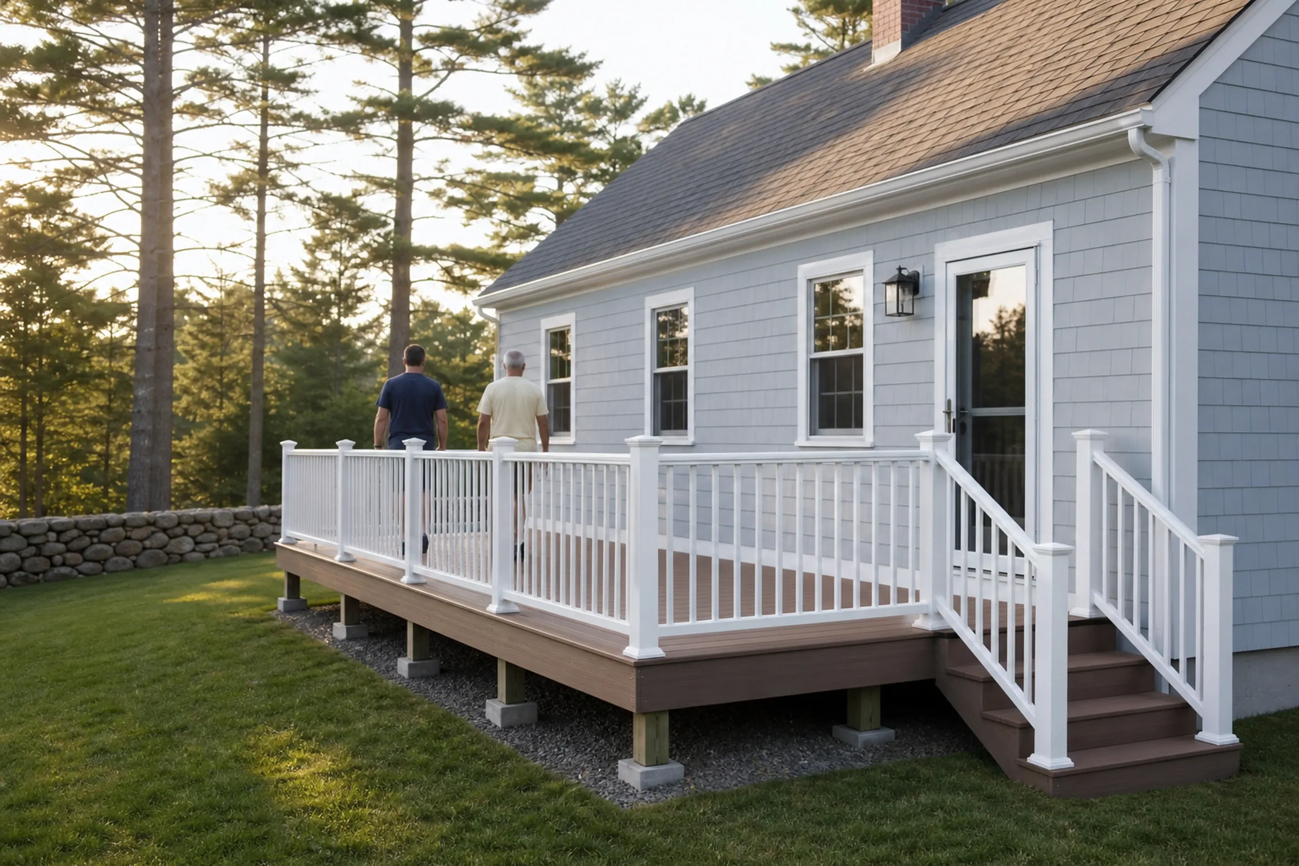 Two men walk on a brown deck with white railing attached to a gray house with three windows and a glass door.