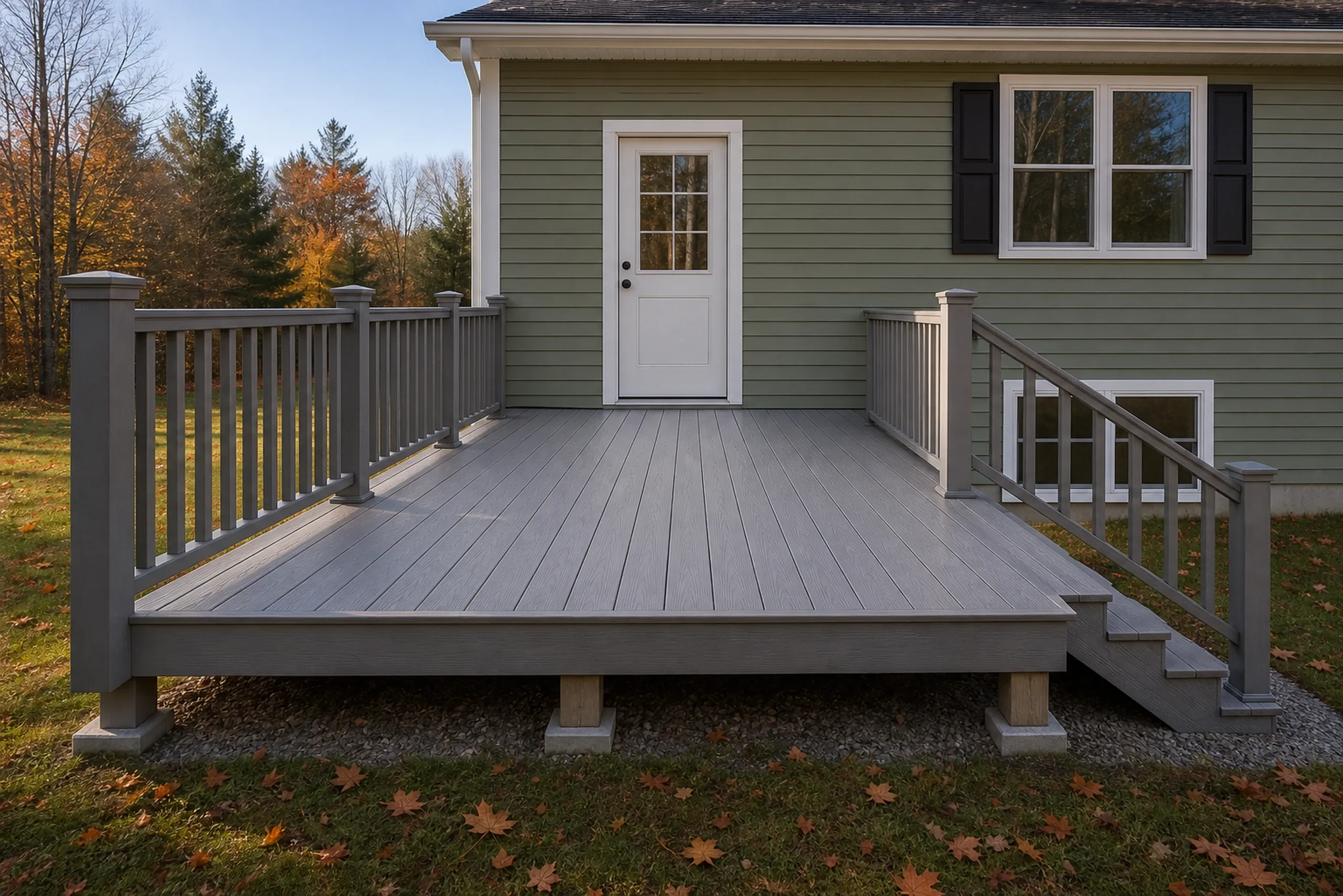 A gray wooden deck with matching railing and stairs attached to a green house with a white door and window in a grassy yard.