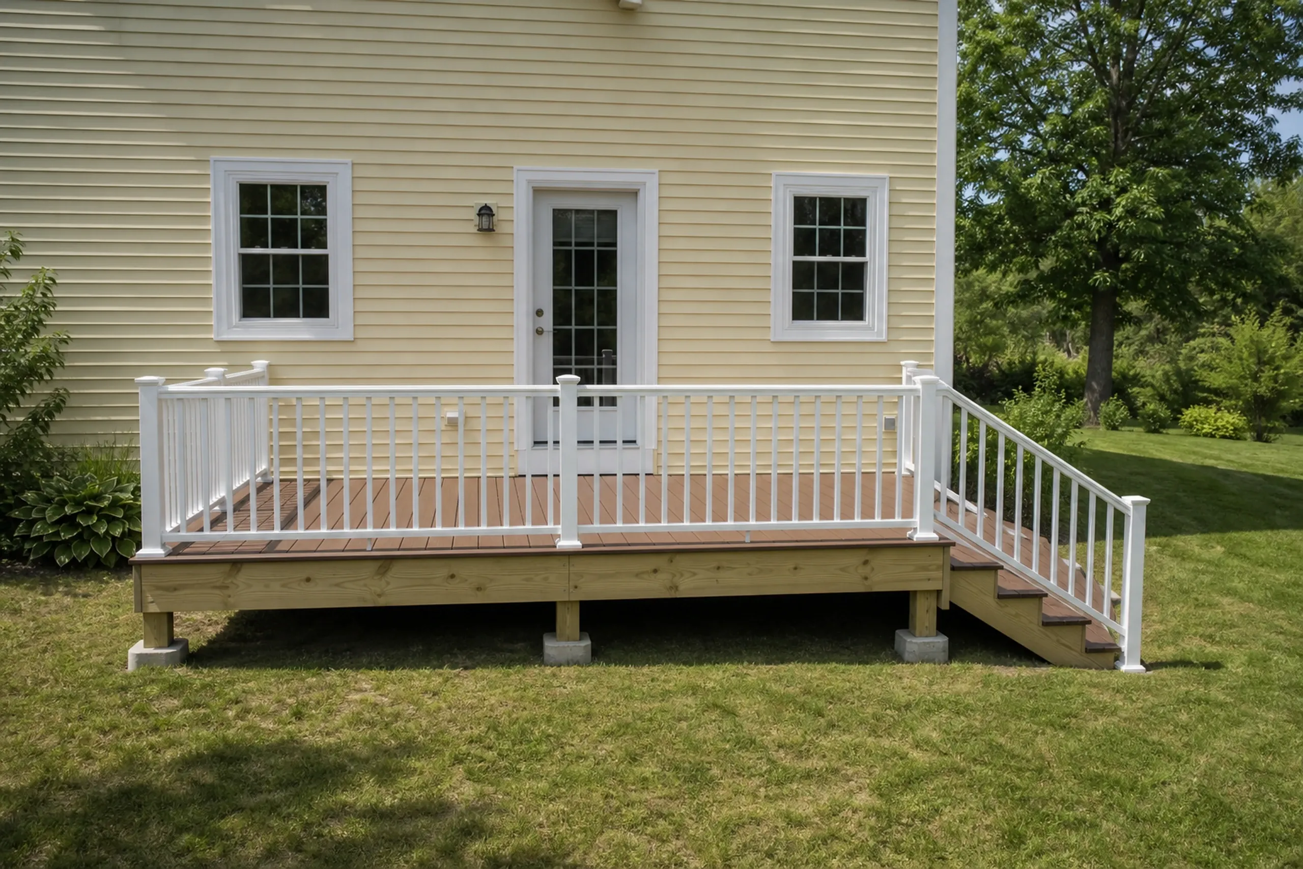 Wooden deck with white railing and stairs attached to a yellow house with two windows and a glass door on a grassy lawn.