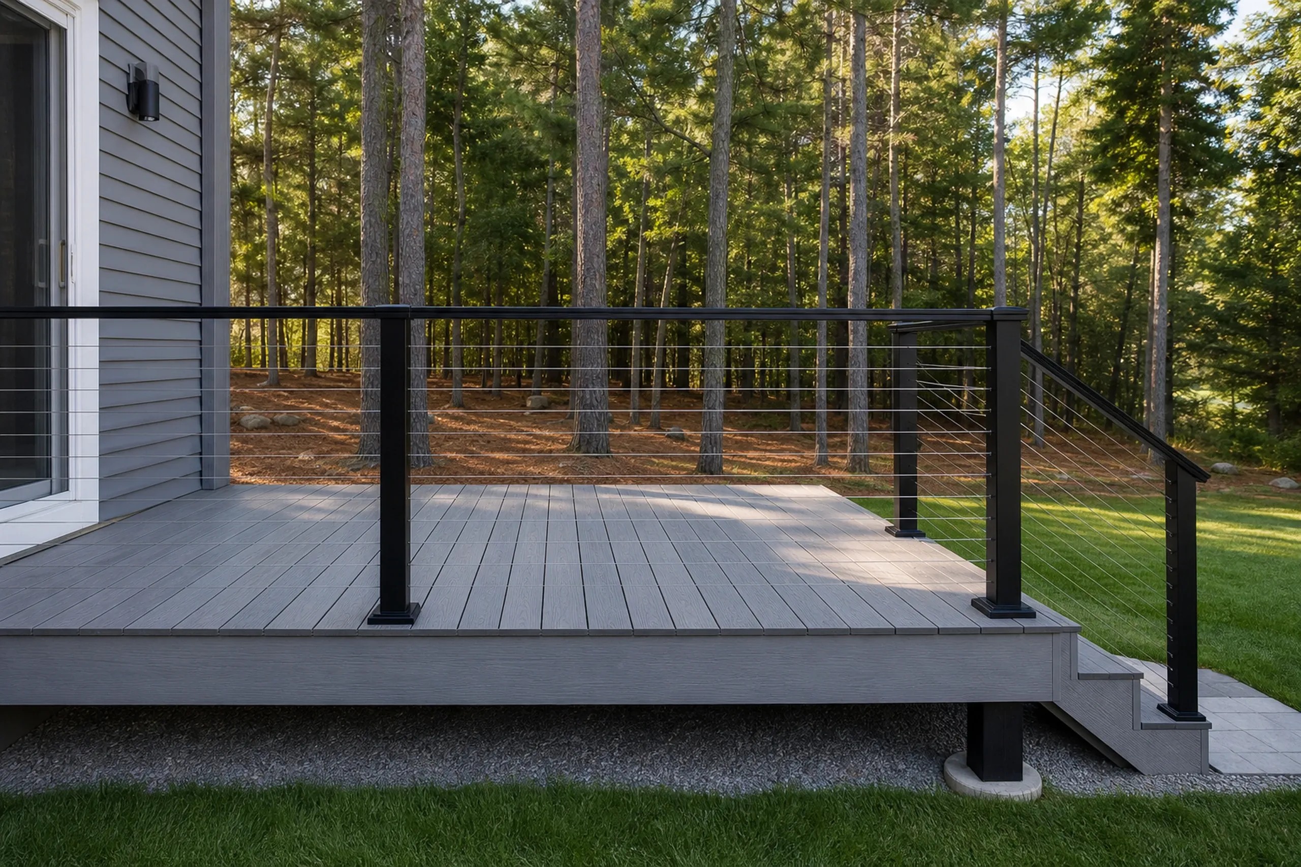 Gray wooden deck with black metal and cable railing, attached to a gray house, overlooking a grassy yard and trees; no people visible.