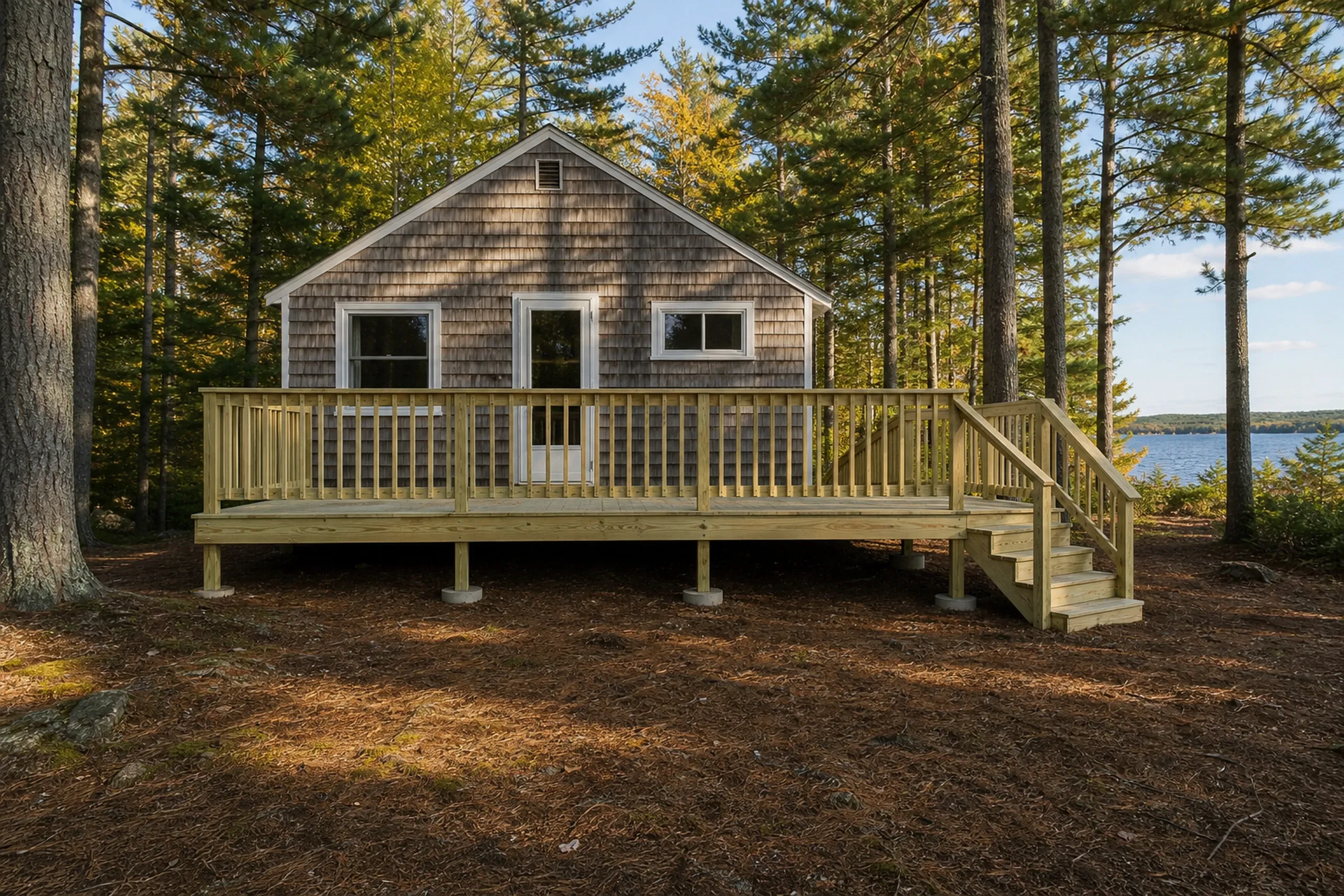 A wooden deck with vertical railing and stairs surrounds a small shingle house in a forest near a lake; no people are visible.