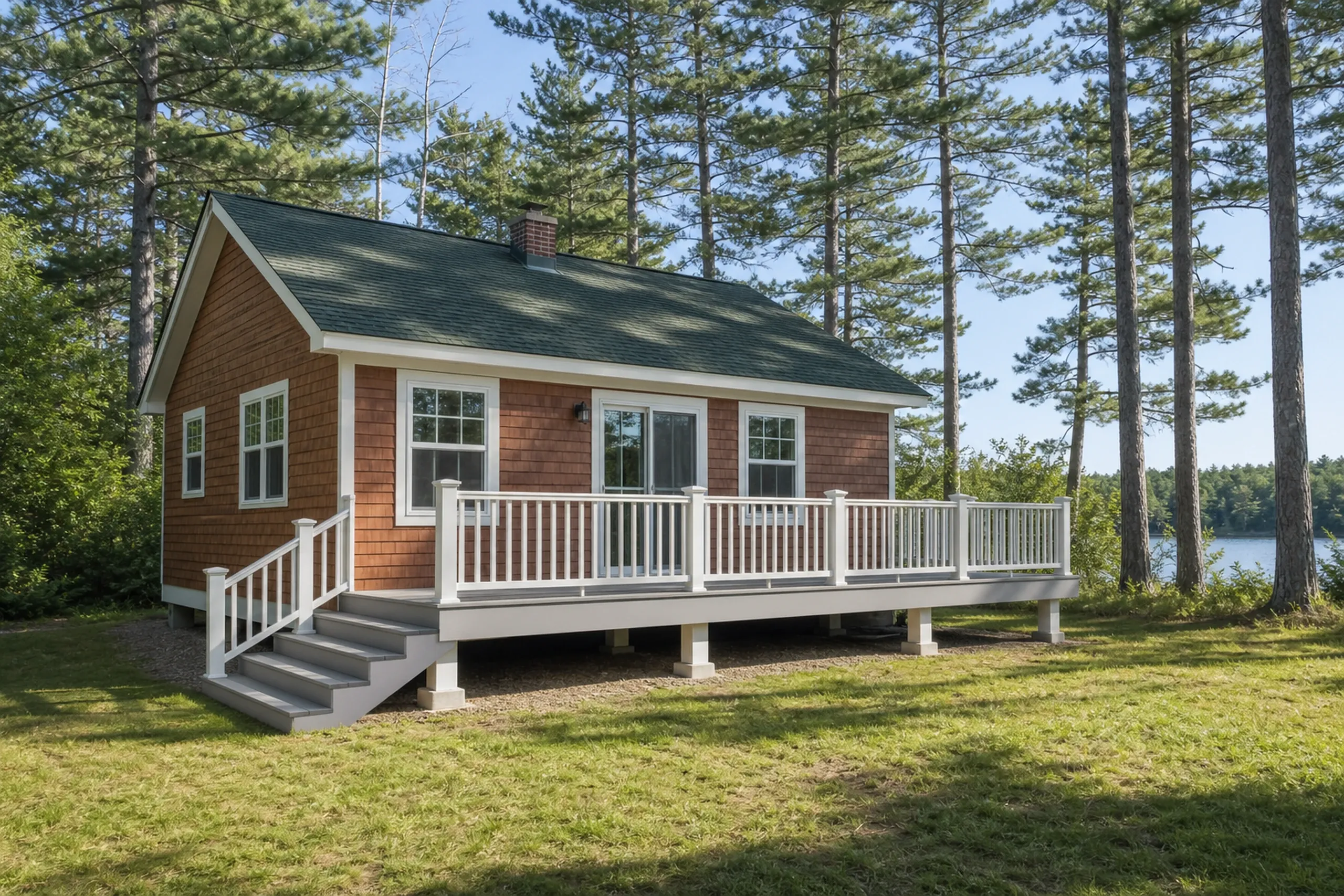 Small brown house with green roof, white railing deck, stairs on side; no people visible, surrounded by grass and tall pine trees.