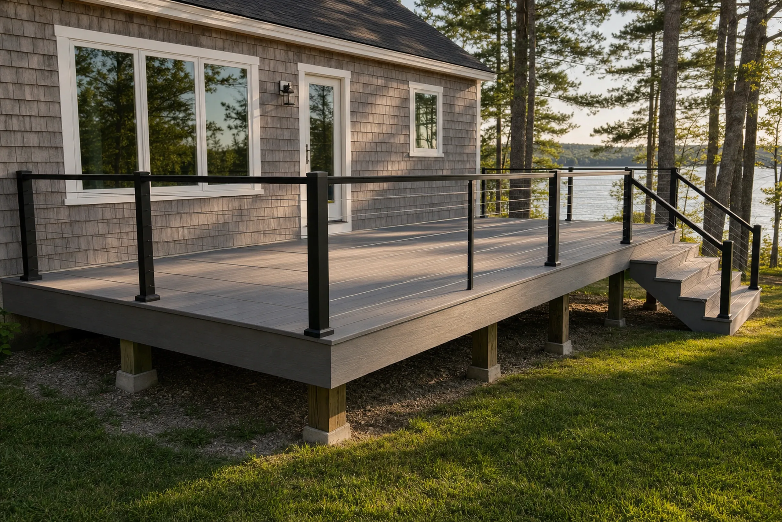 Deck builders in poland, me: Deck builders poland ME: Elevated gray composite deck with black metal railing and stairs attached to a gray shingle house by trees and water.