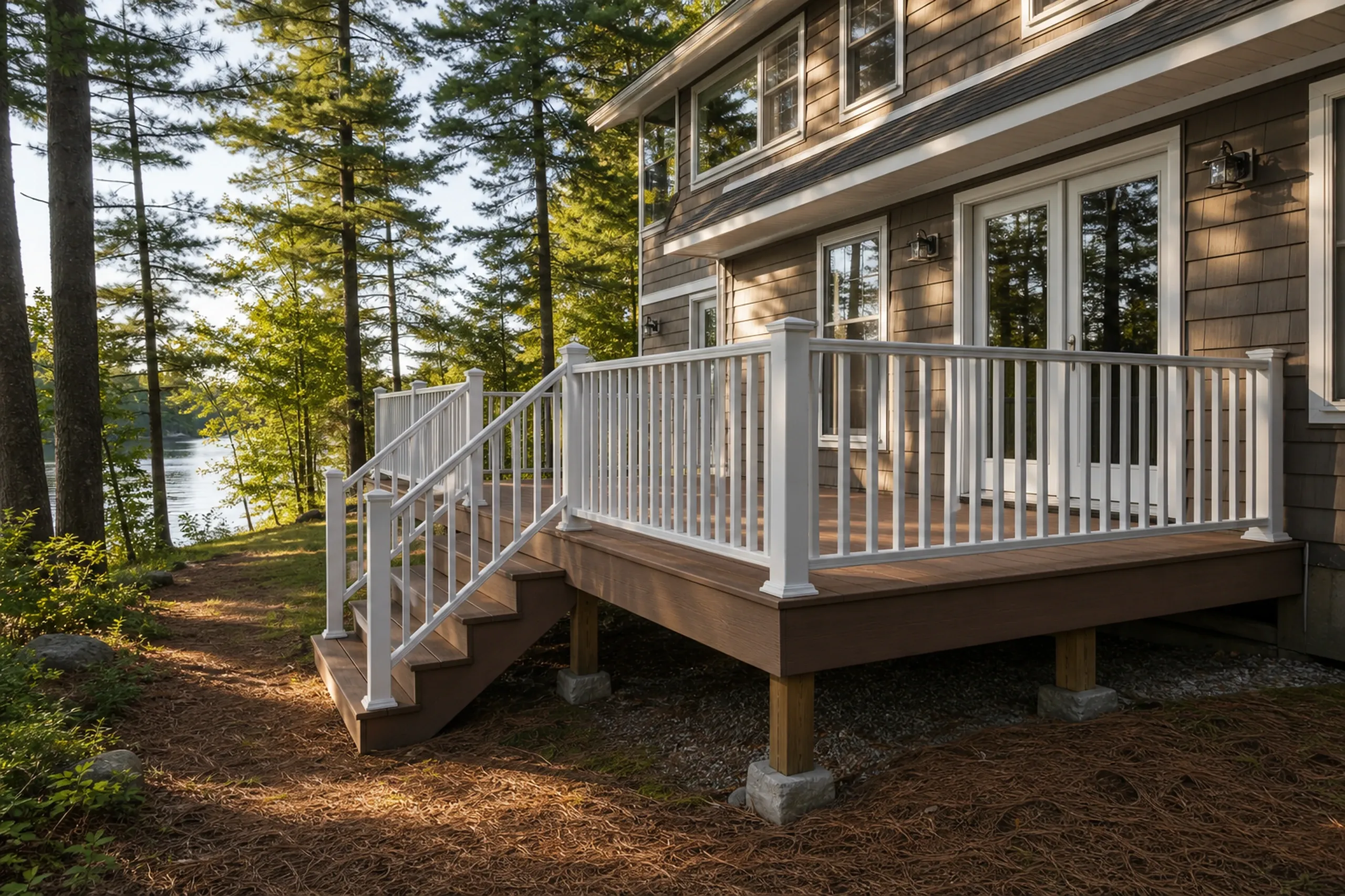 Elevated wooden deck with white railing attached to a brown two-story house in a wooded area near a lake at sunset.