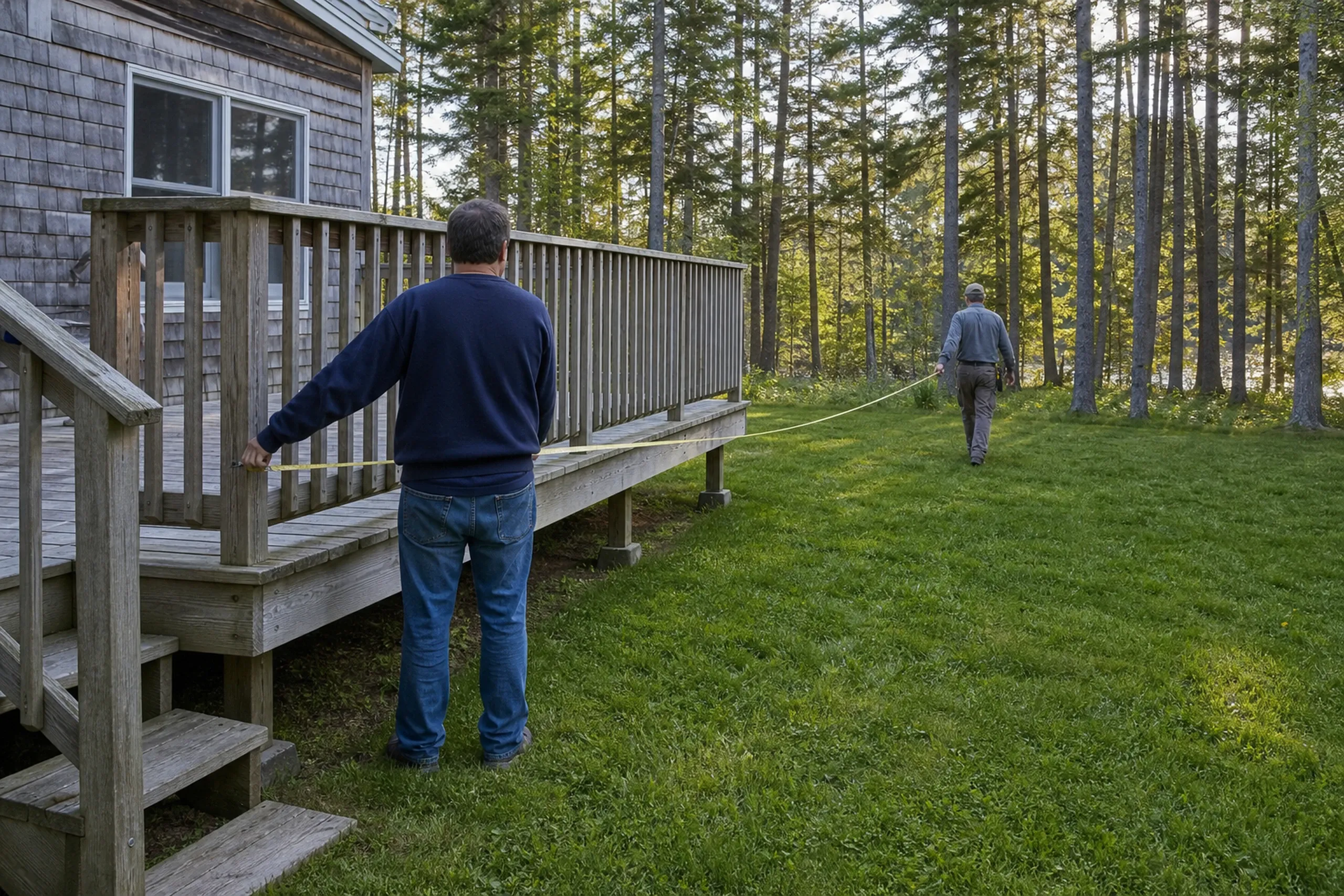Two men stand near a wooden deck with railing attached to a gray shingled house, one holding a measuring tape extending into a grassy yard.