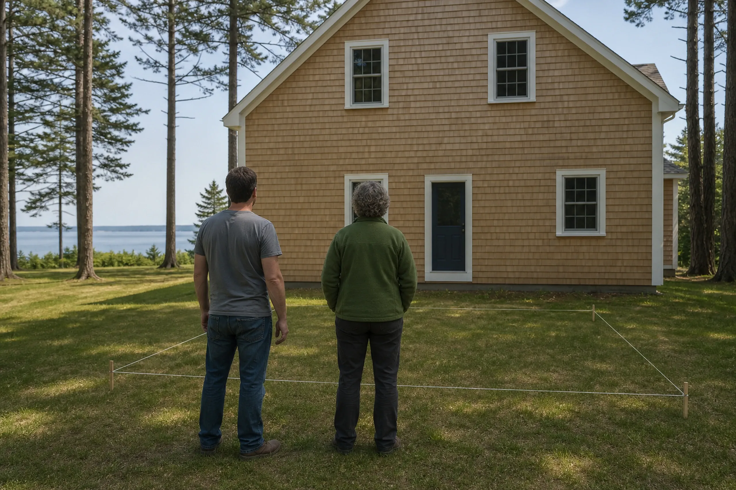 Two people stand on grass facing a tan shingled house with four white-trimmed windows and a black door, no deck or railing visible.