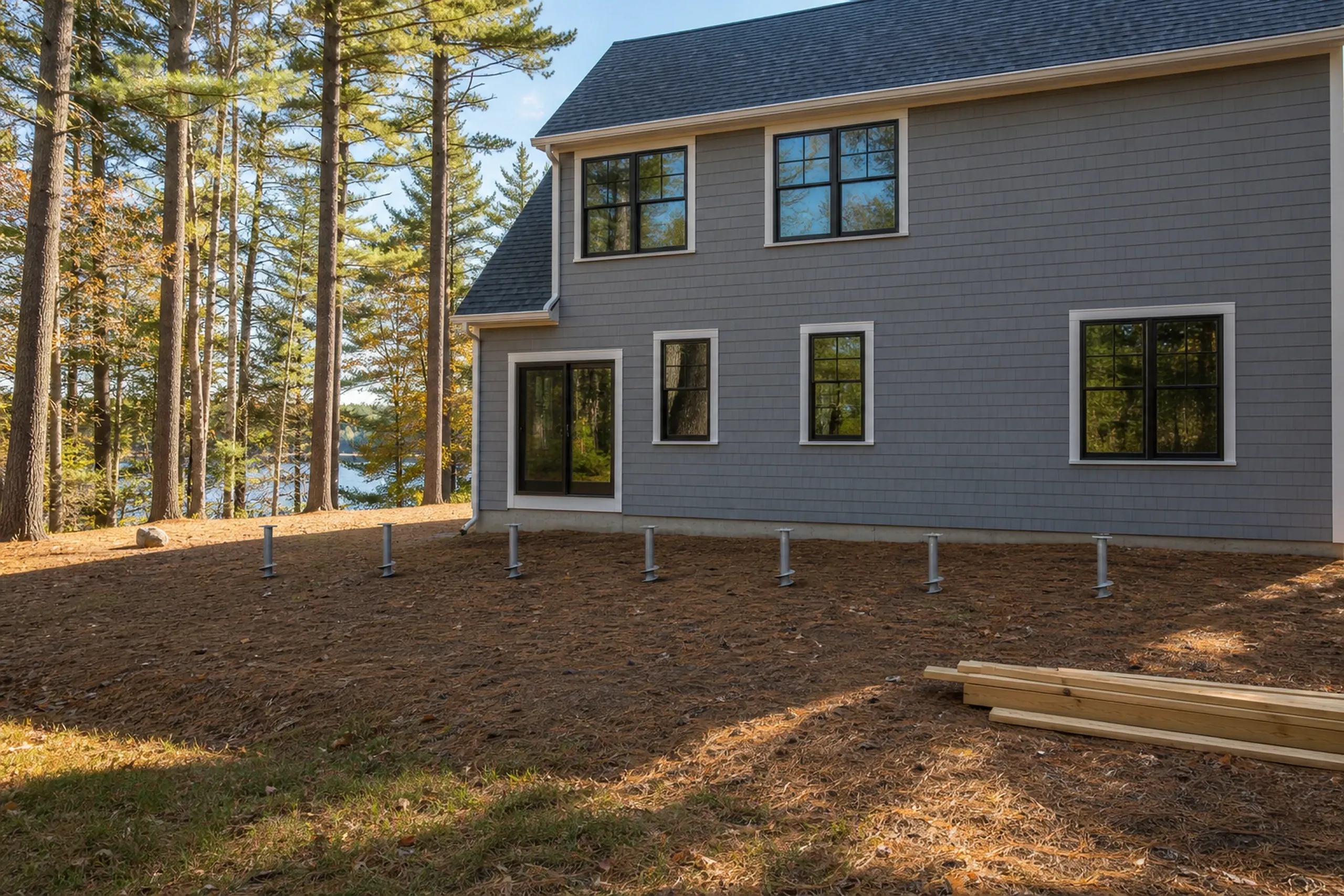 Gray two-story house with six black-framed windows, metal deck posts installed, and wooden planks on the ground nearby.