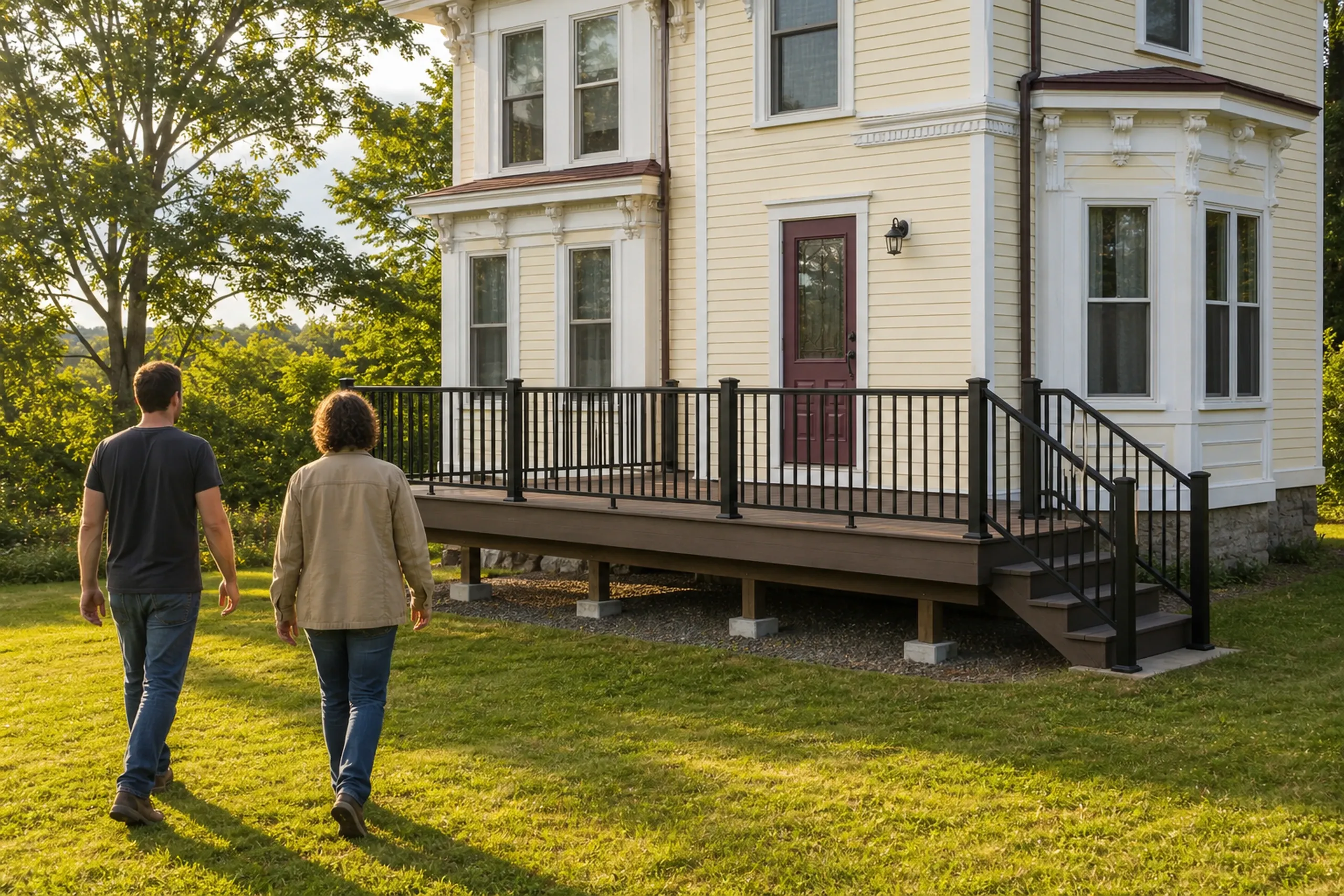 Two people walk toward a yellow house with white trim and a raised brown deck with black metal railings and stairs.