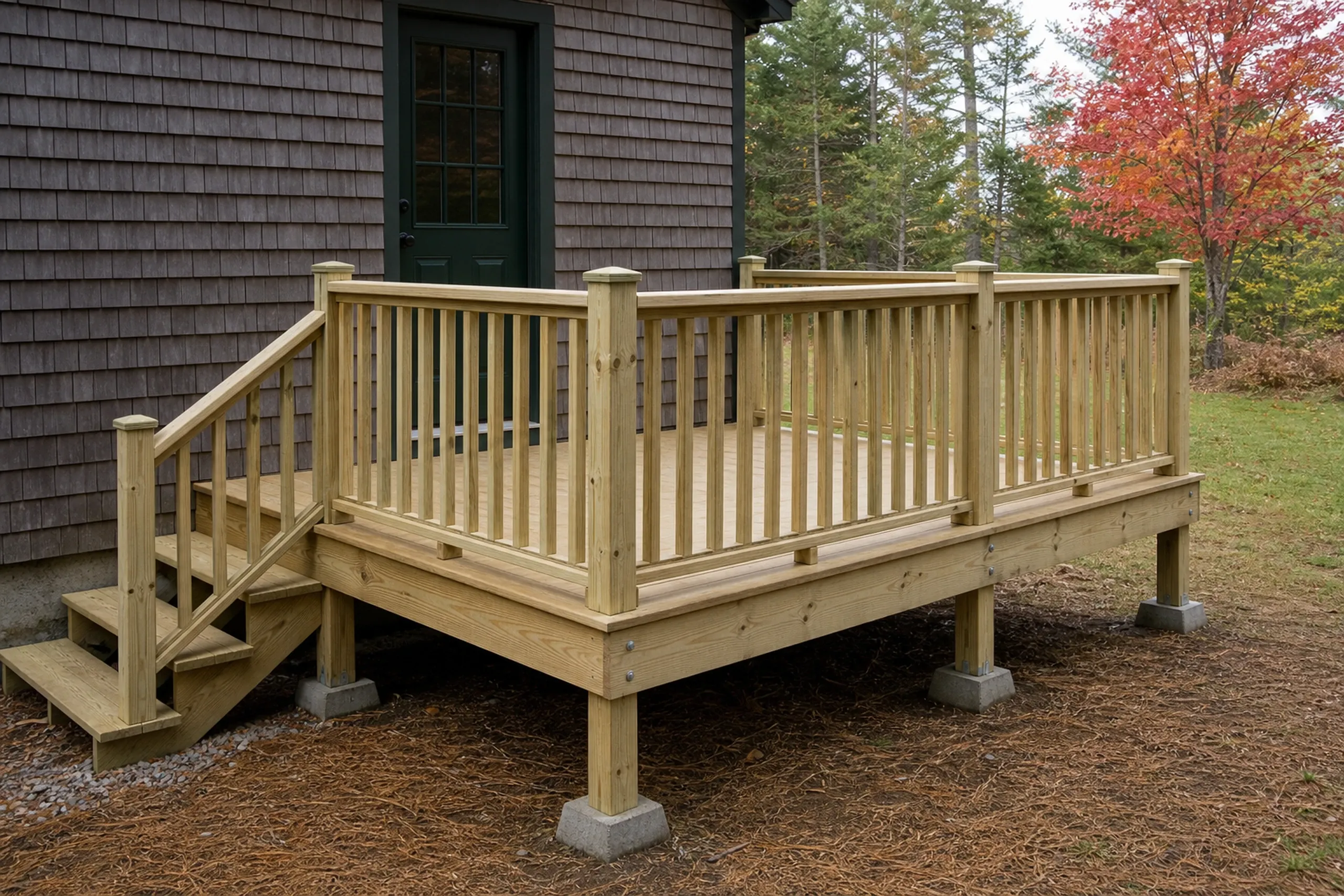 A wooden deck with vertical railings and stairs is attached to a brown shingle house with a dark green door; no people are visible.