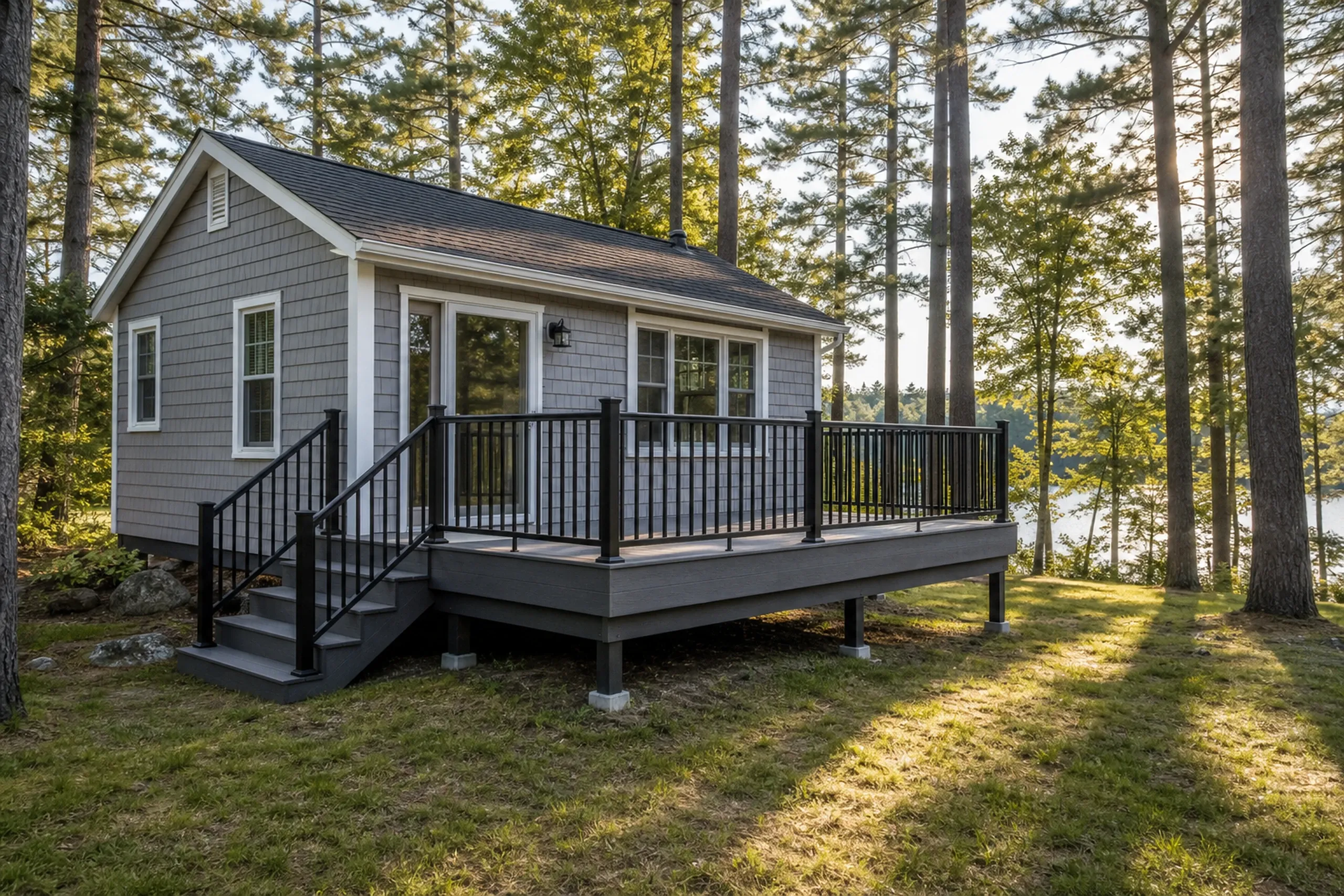 Small gray house with black-railed wood deck and stairs, surrounded by tall trees and two people sitting near the deck.