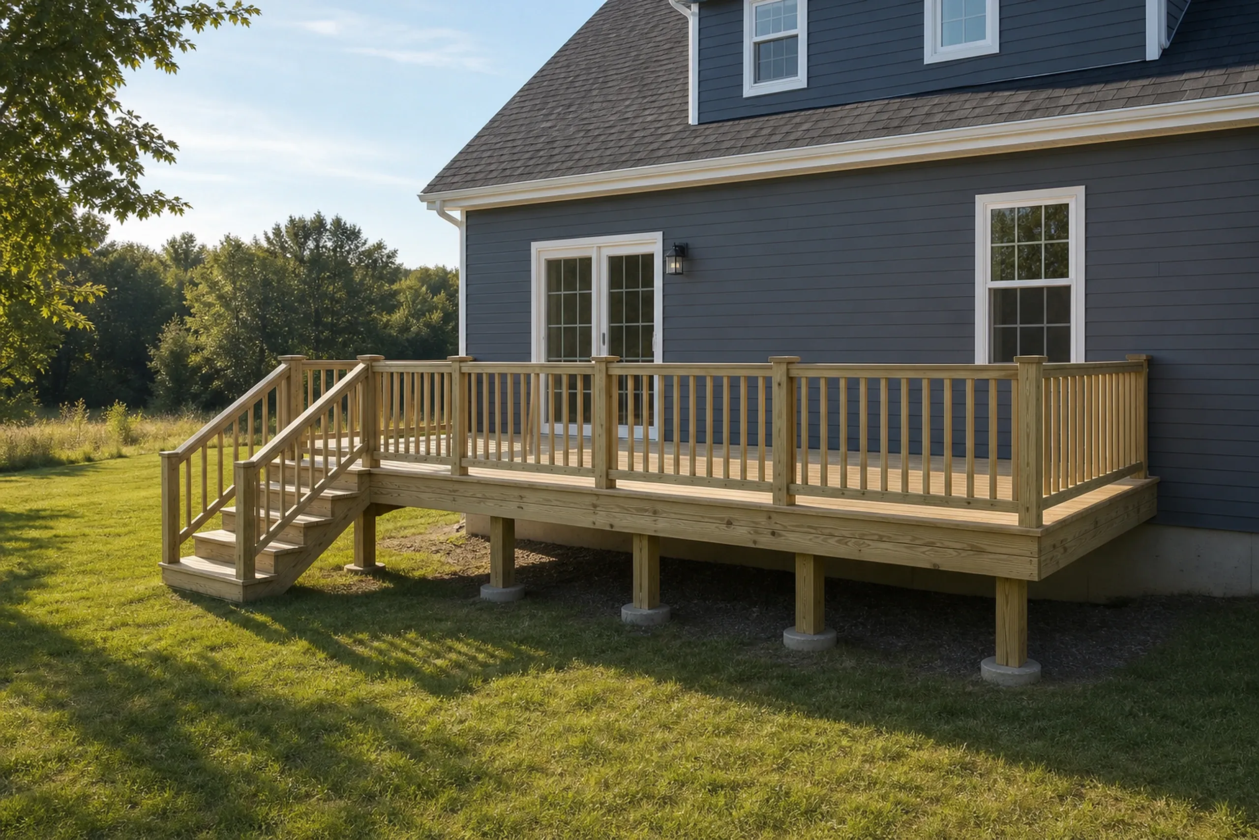 Wooden deck with vertical railing and stairs attached to blue two-story house with two windows and French doors, no people visible.