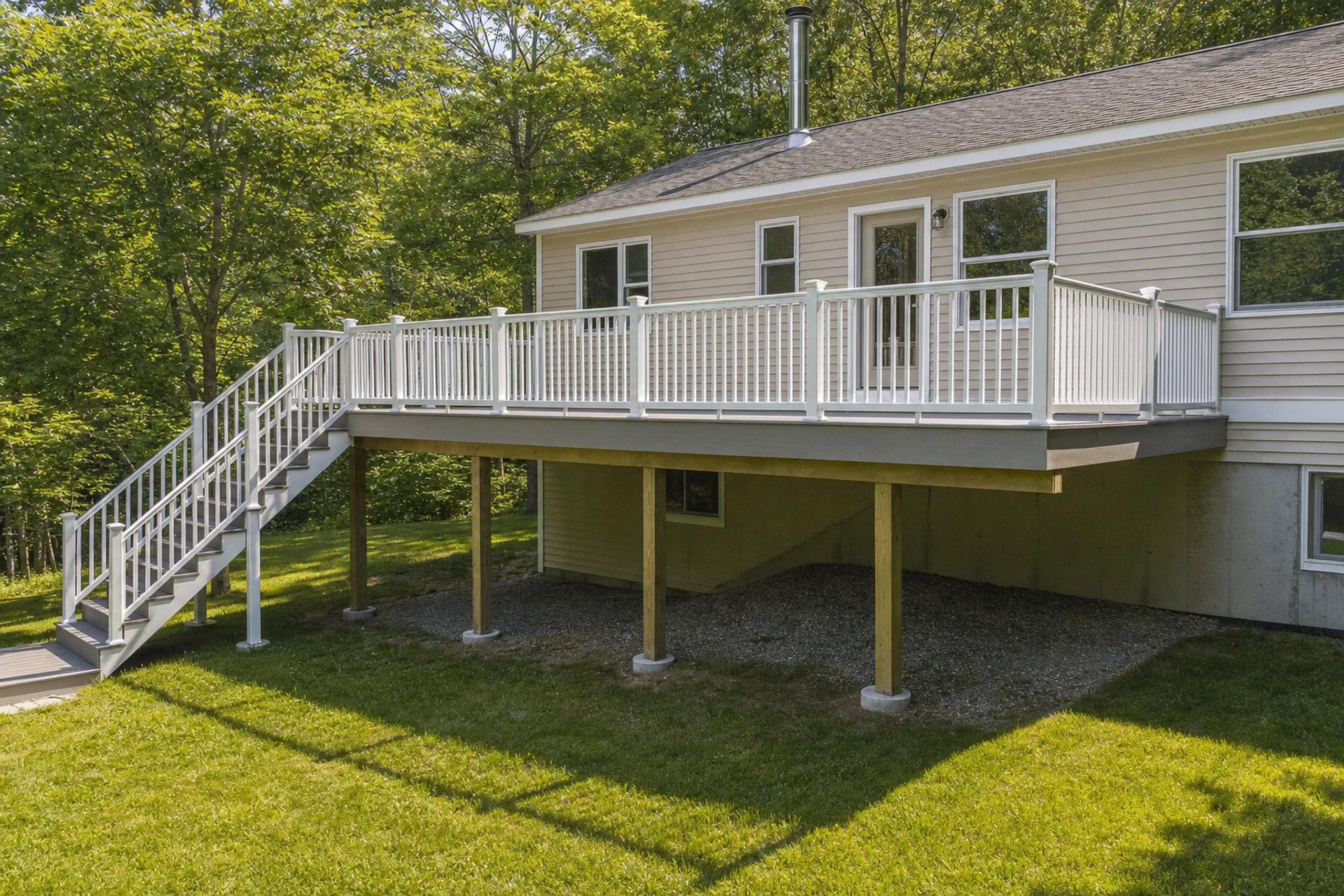 Deck builders in sabattus, me: Deck builders sabattus ME: Elevated wooden deck with white railing attached to beige single-story house, no people visible.