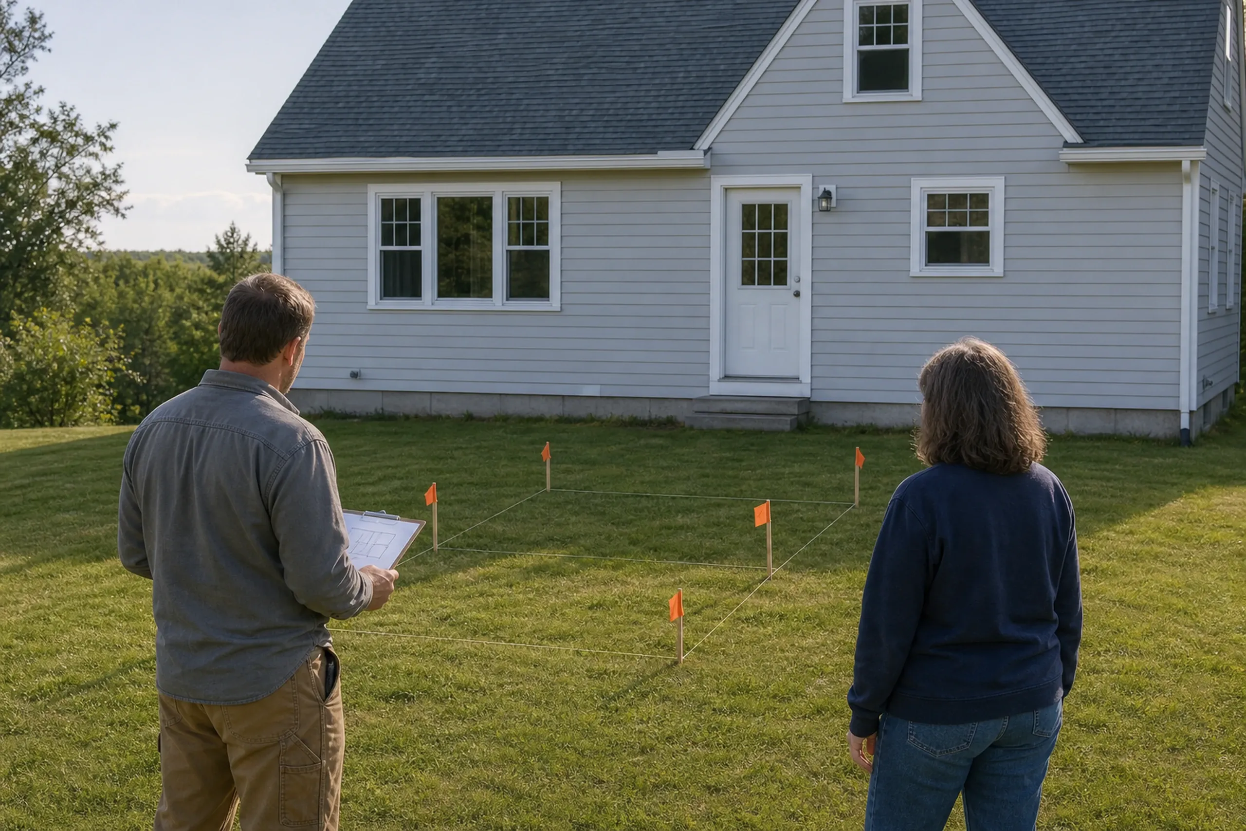 Two people stand on grass before a gray house with white trim, looking at orange markers outlining a future deck area.