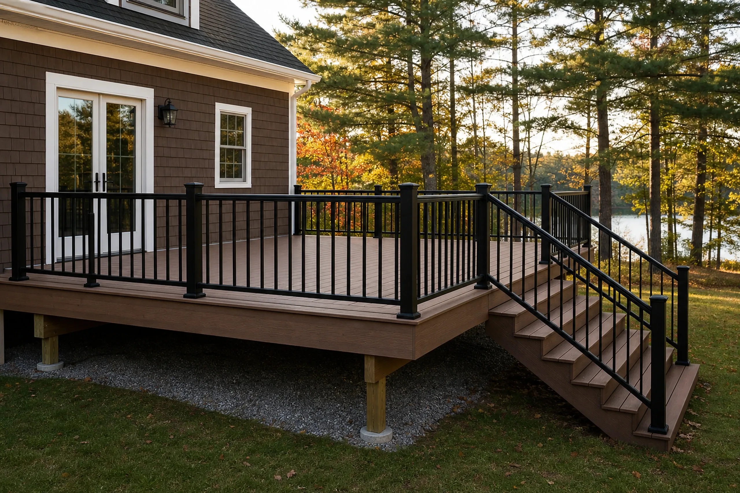 Raised wooden deck with black metal railing and stairs attached to a brown house with white trim, no people visible.
