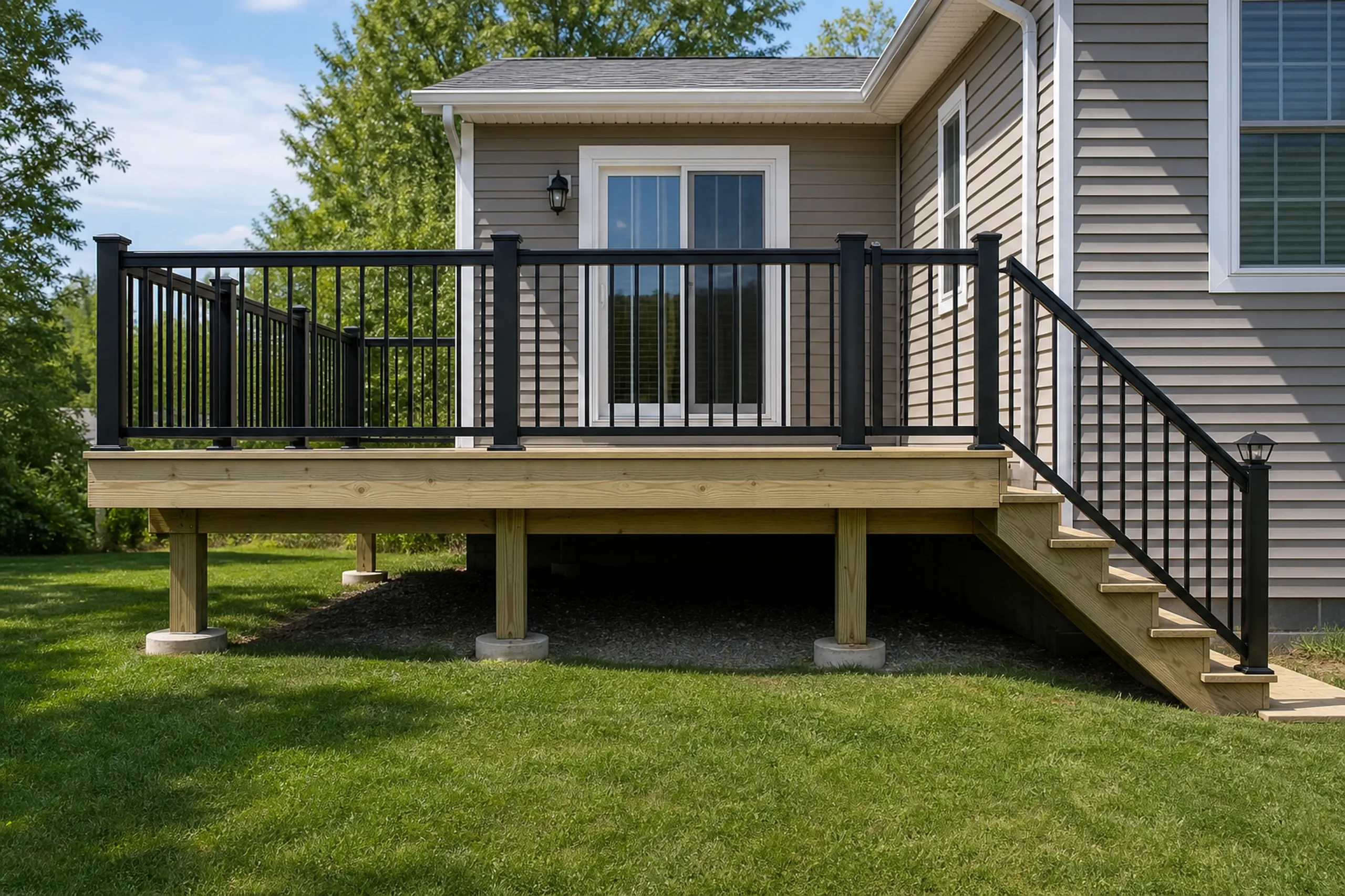 Raised wooden deck with black metal railing attached to beige house with white trim; no people visible in the image.