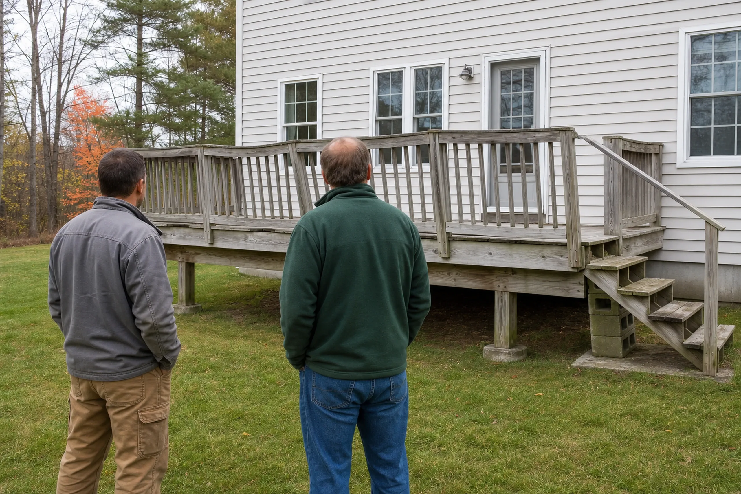 Two men stand on grass facing a weathered wooden deck with railings and stairs attached to a white house with double doors and windows.