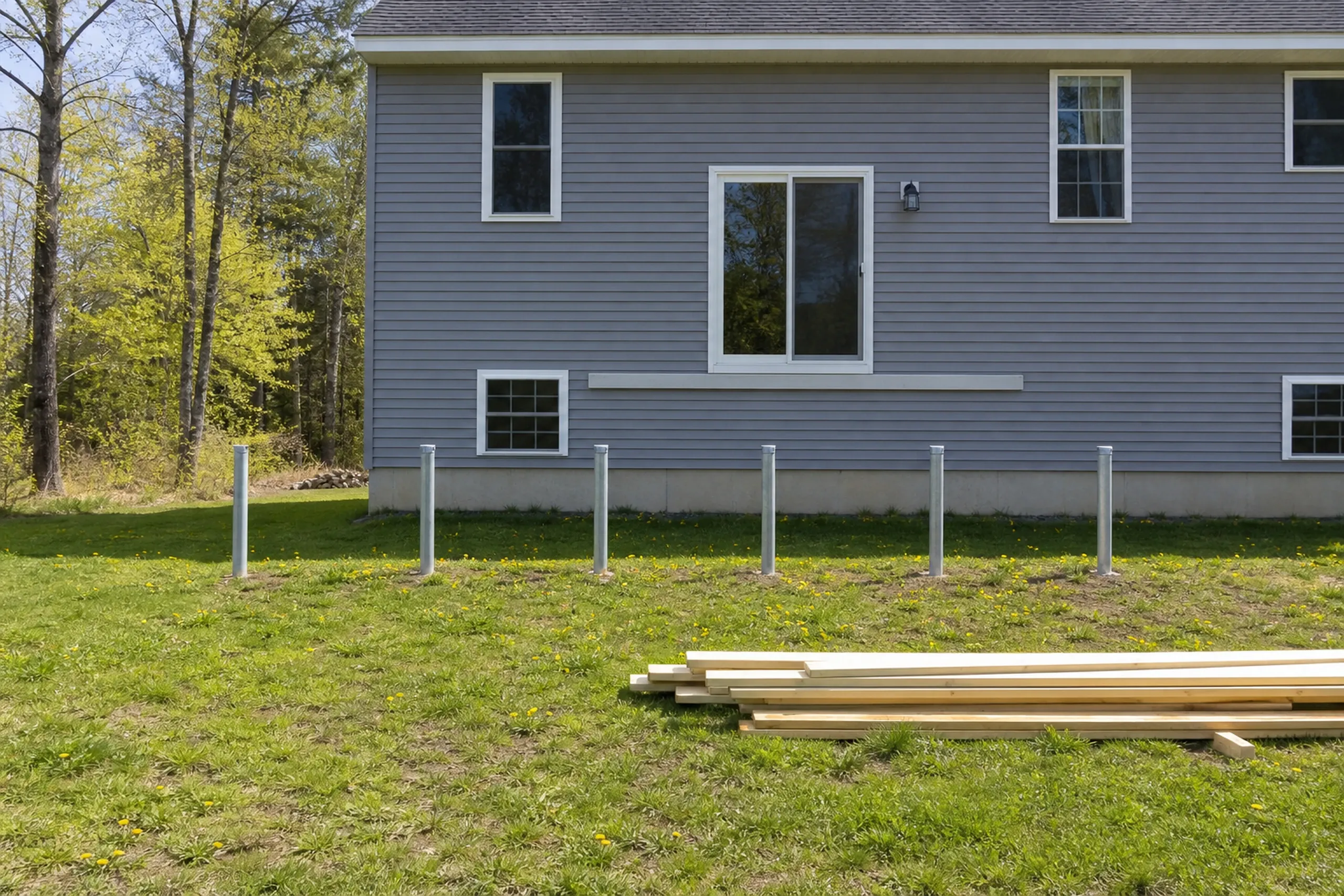 Gray house with white-trimmed windows, metal posts for a deck railing, and two people working near stacked wooden planks on grass.