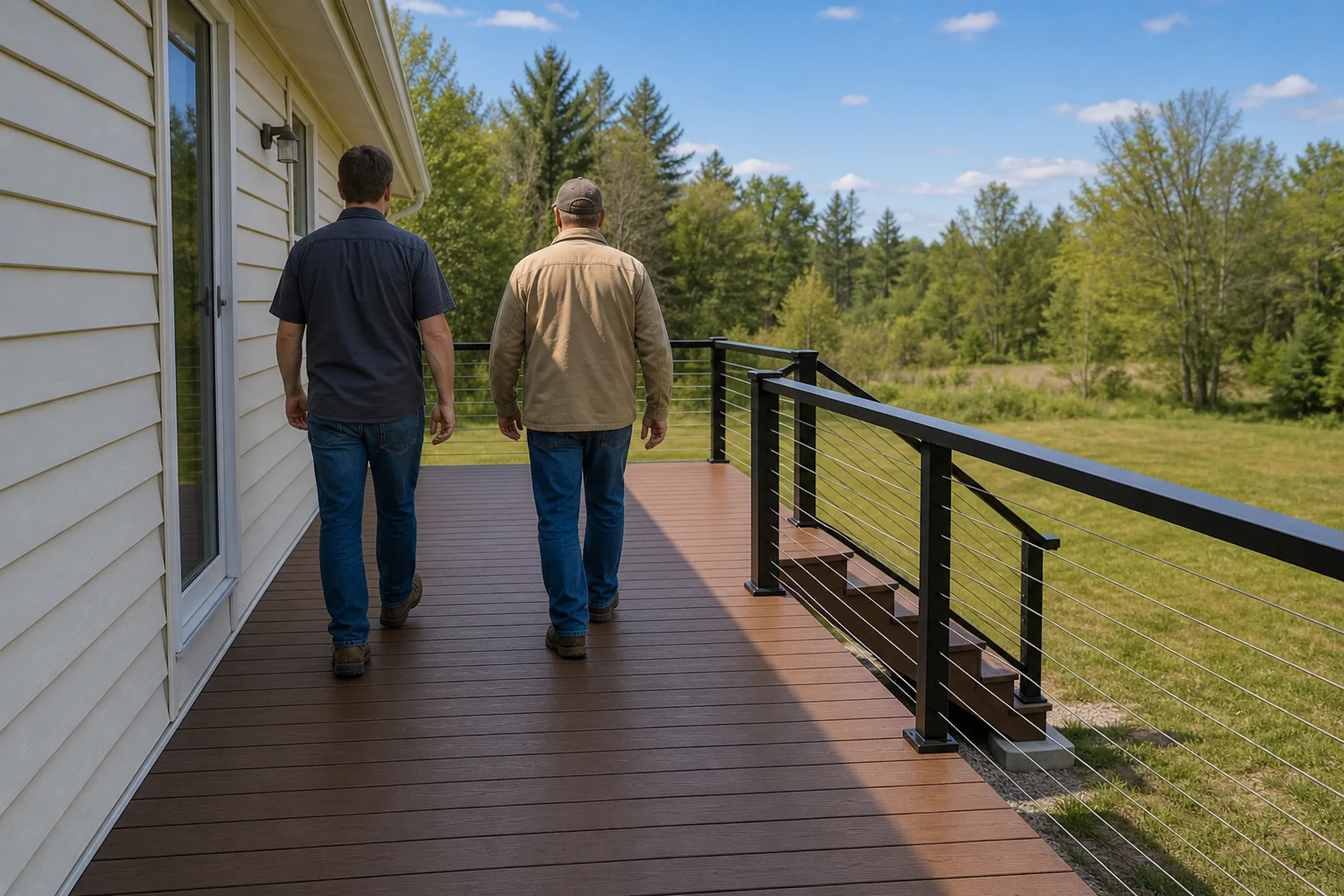 Two men walk on a brown wooden deck with black metal cable railing attached to a white house.