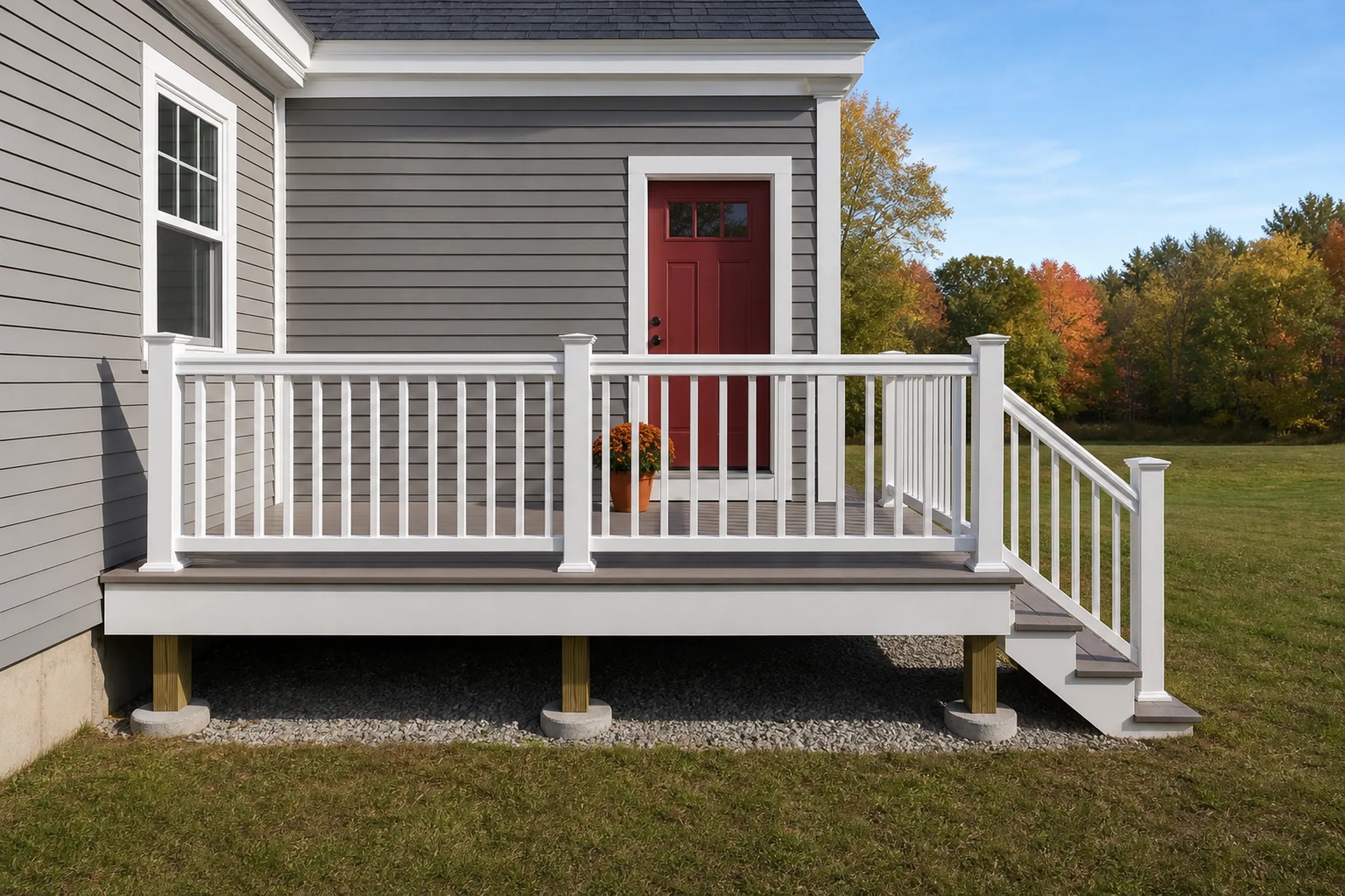 A gray house with a red door has a small elevated deck with white railings and stairs, and a potted plant but no people.