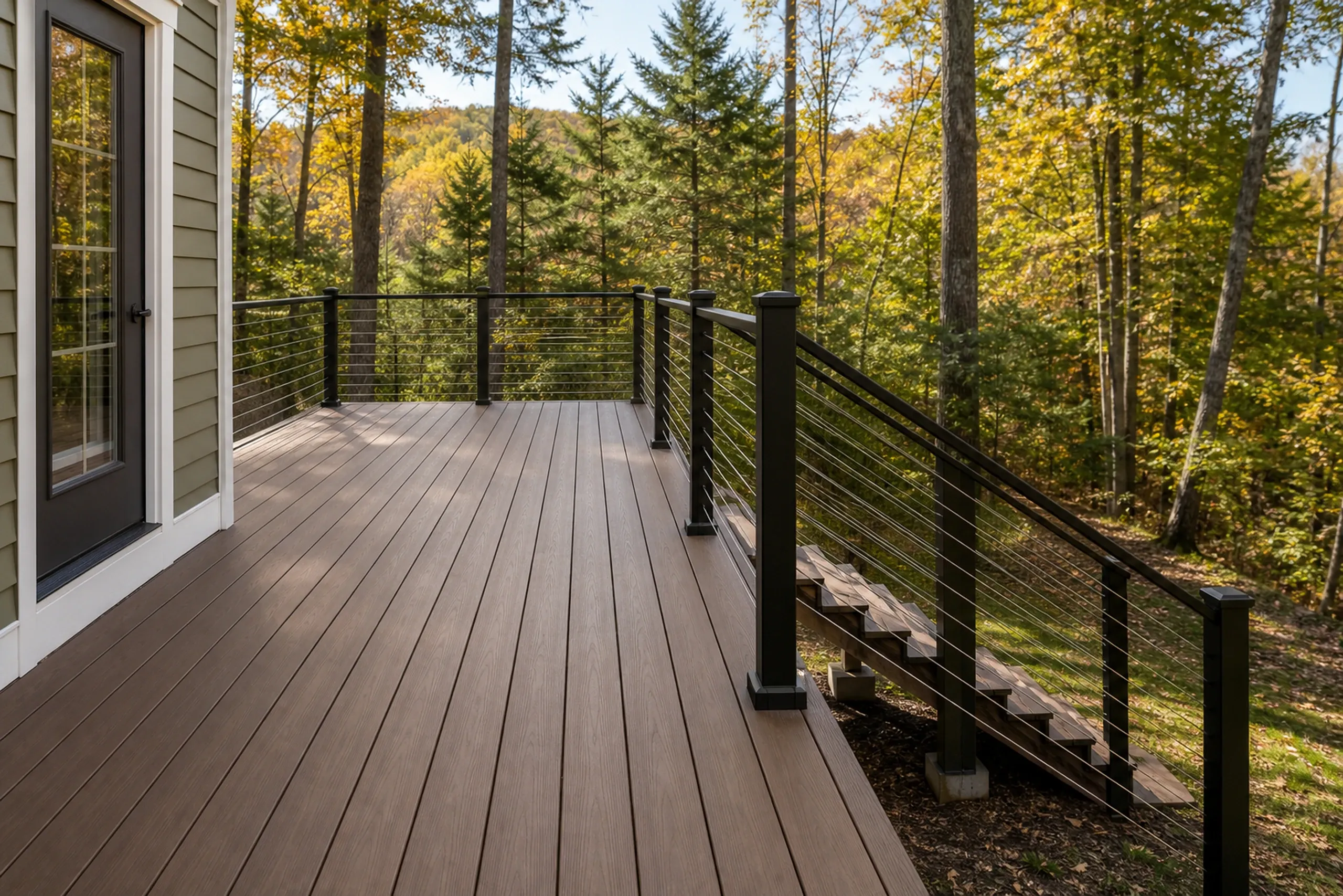 Wooden deck with black cable railing attached to a beige house, overlooking stairs and a wooded area with autumn trees; no people present.