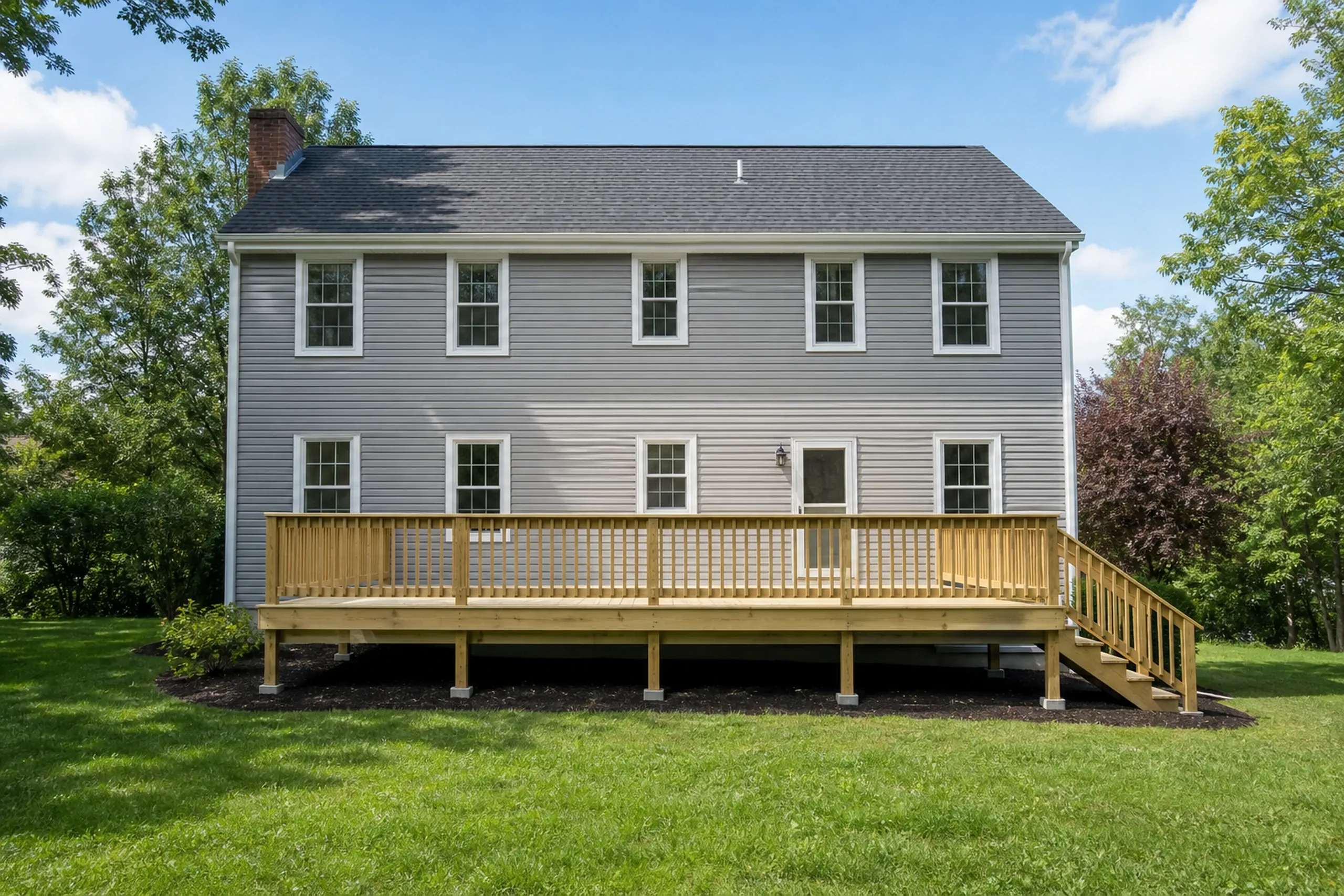 Two-story gray house with white trim, large wooden deck with vertical railings, and stairs on the right; no people visible.