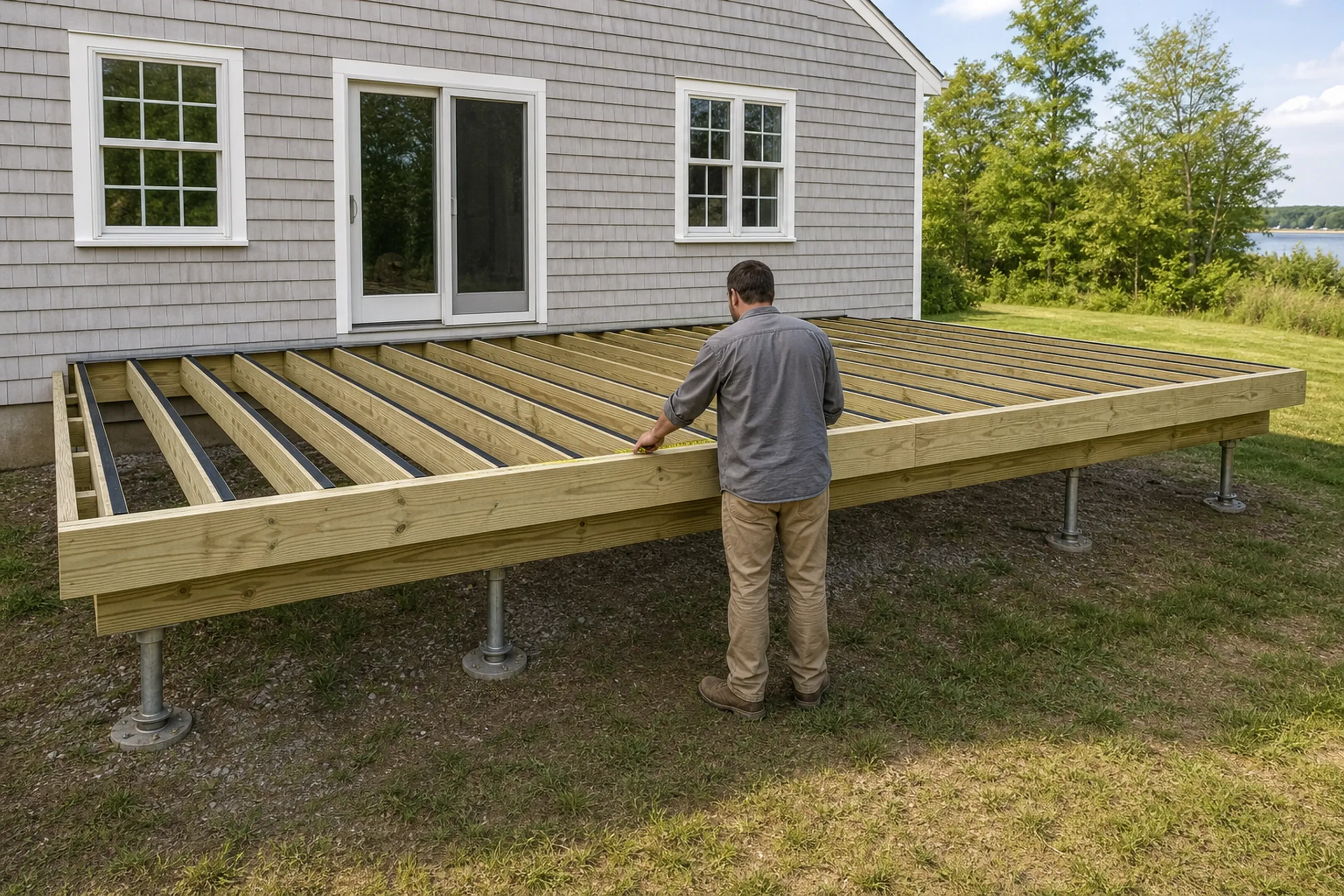 Man inspects large wooden deck frame attached to gray house with white trim, no railing, in grassy yard with trees.