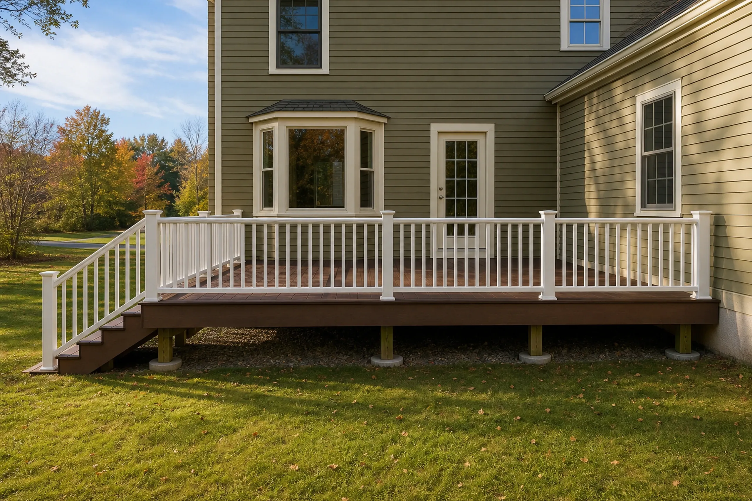 A brown wooden deck with white railing and stairs is attached to a beige house with multiple windows and a door; no people visible.