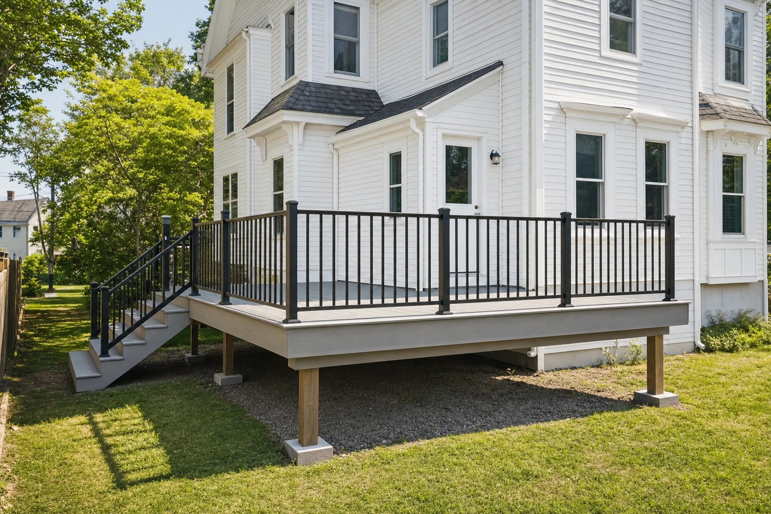 Deck builders in topsham, me: Deck builders topsham ME: Elevated gray deck with black metal railing, stairs, attached to white multi-story house, no people visible.