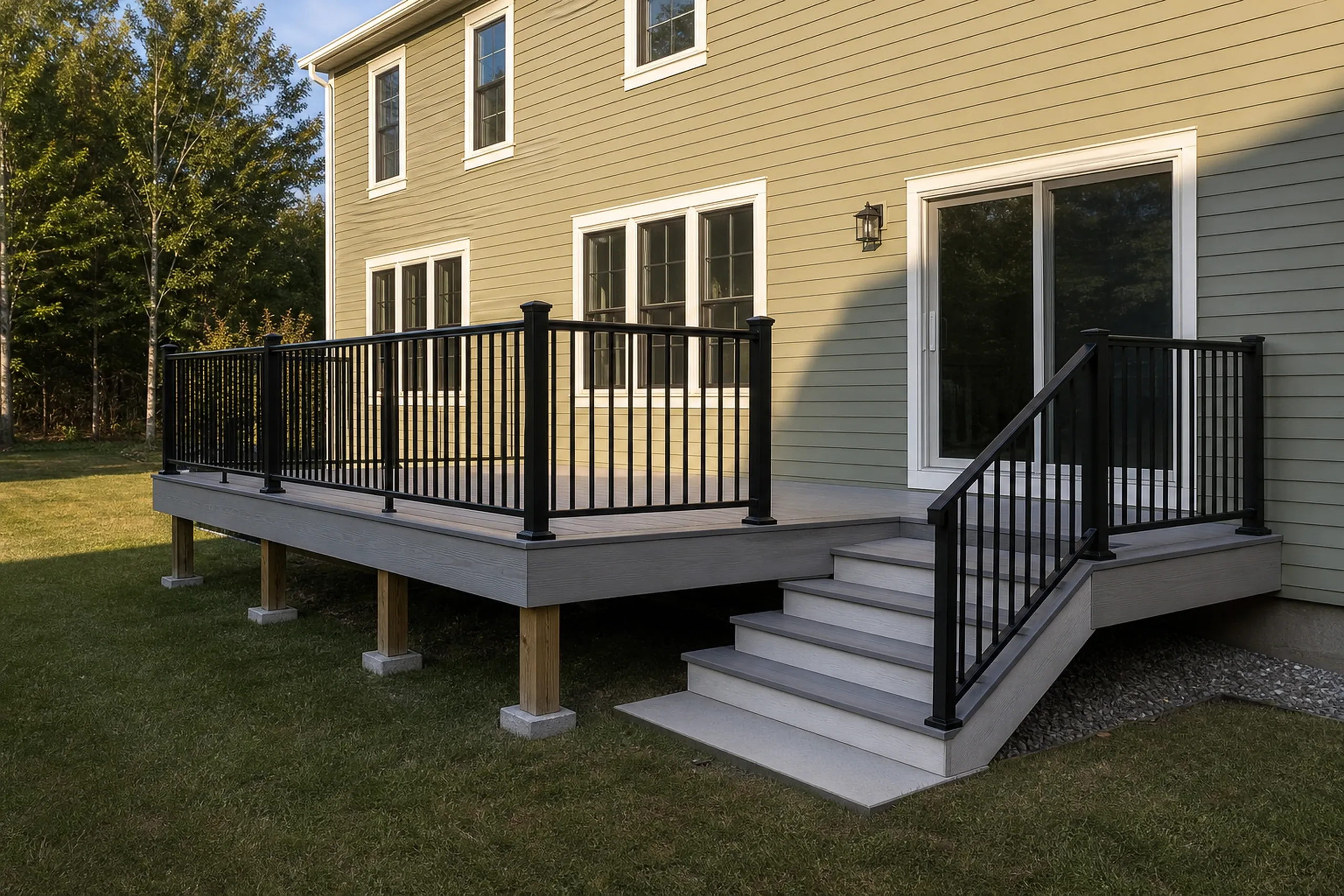 Wooden deck with black metal railing and stairs attached to a beige two-story house with multiple windows and a sliding glass door.