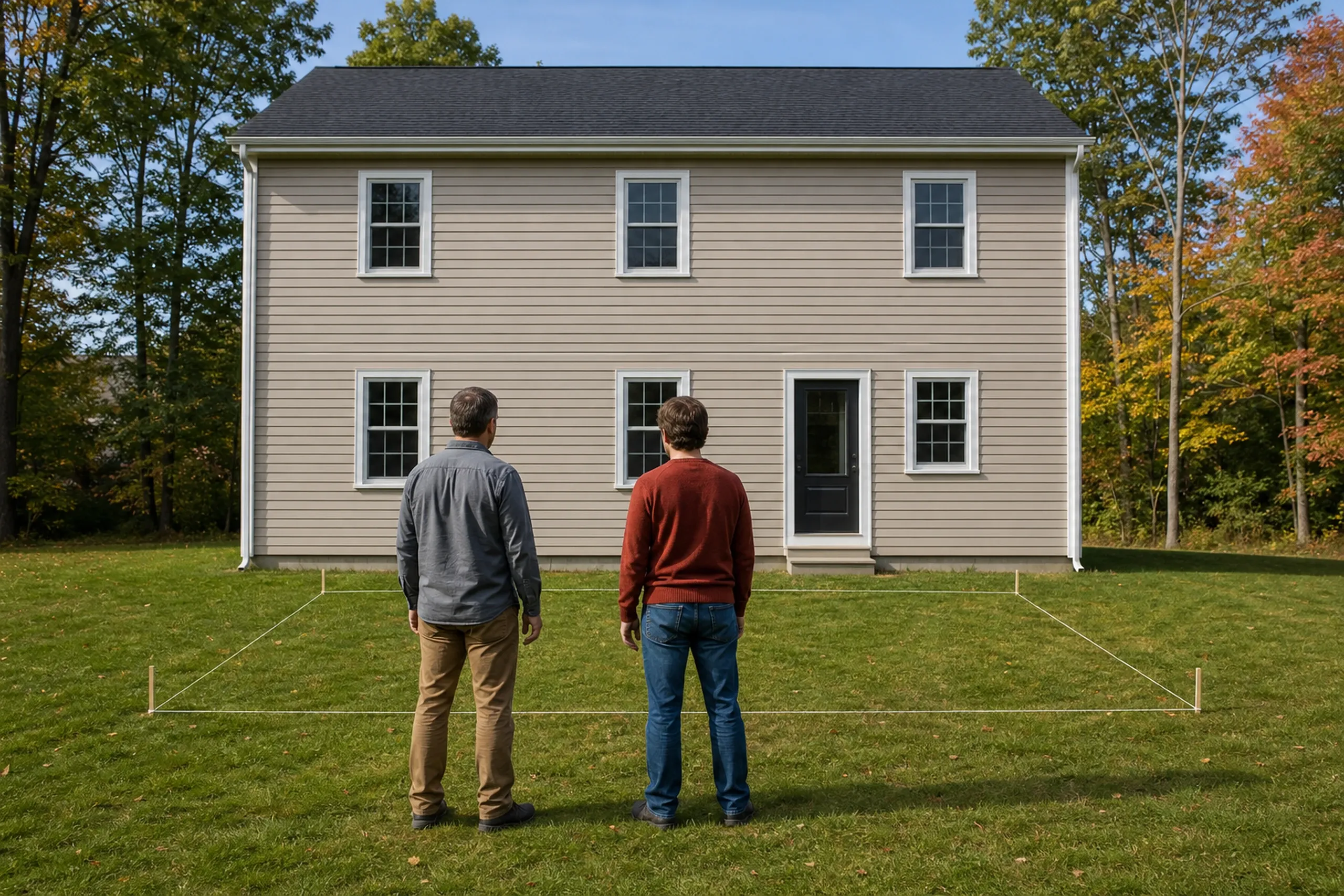 Two men stand on a grassy lawn facing the back of a beige two-story house with white-trimmed windows and a black door.
